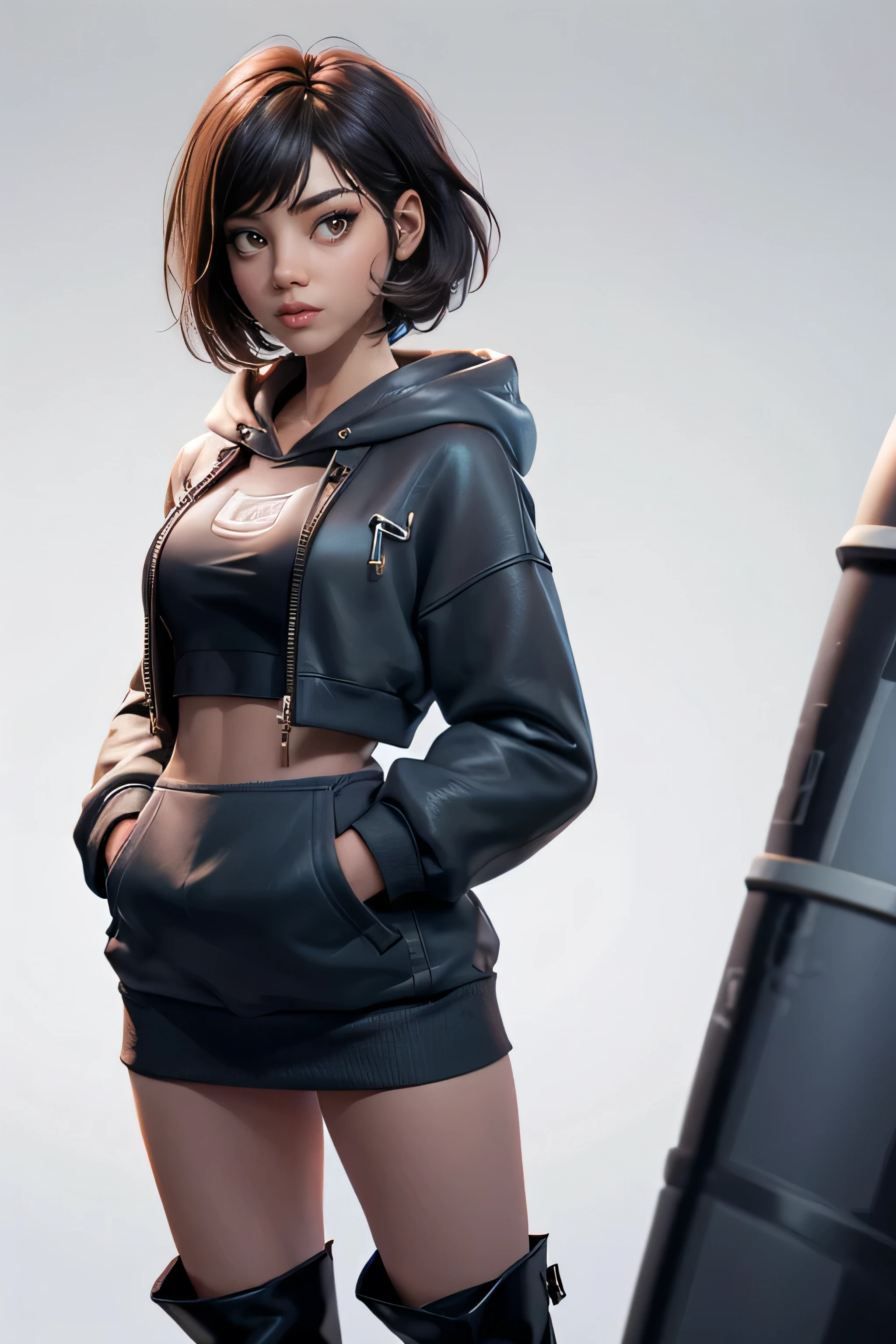 Young woman, blue tube top , Black miniskirt, brown knee-high boots, gray hoodie sweatshirt, short hair , Natural lighting, ultra resolution , plain white background , without patterns, No textures.