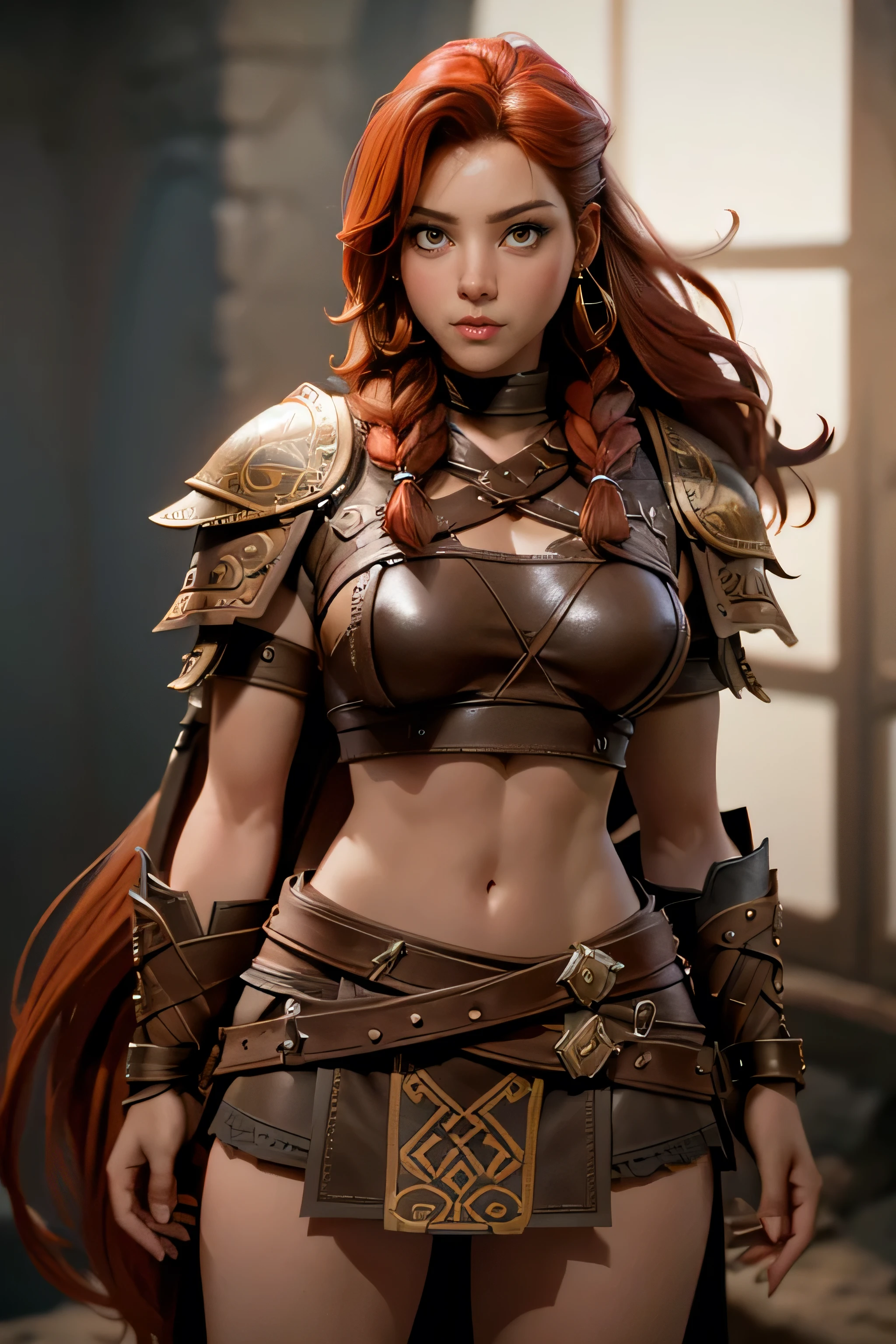 Viking woman, warrior, long red hair tied in a single braid , amazonian body , brown eyes , leather armor with leather linings and Celtic and Norse knots, fur skirt, bushy eyebrows, looking at the camera , composition epic character, Natural lighting, ultra resolution , plain white background , without patterns, No textures.