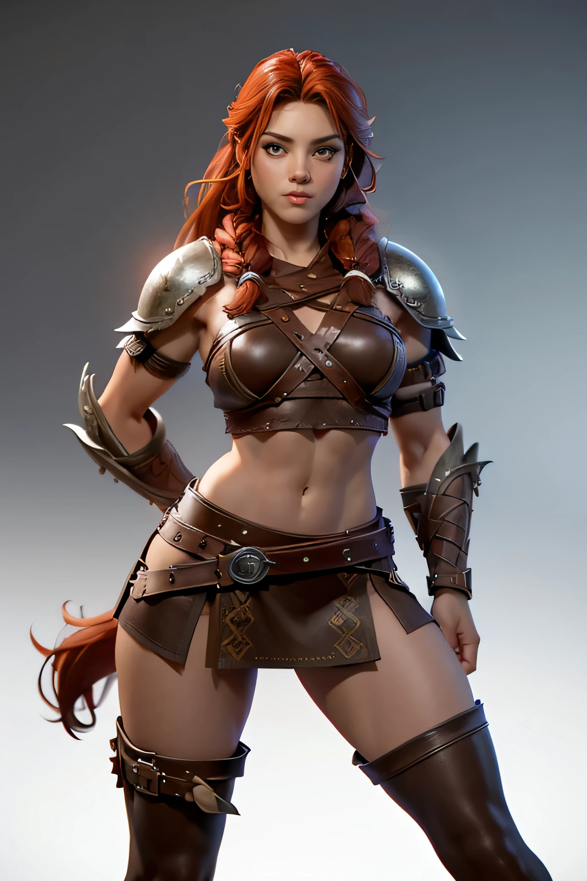 Viking woman, warrior, long red hair tied in a single braid , amazonian body , brown eyes , leather armor with leather linings and Celtic and Norse knots, fur skirt, bushy eyebrows, looking at the camera , composition epic character, Natural lighting, ultra resolution , plain white background , without patterns, No textures.