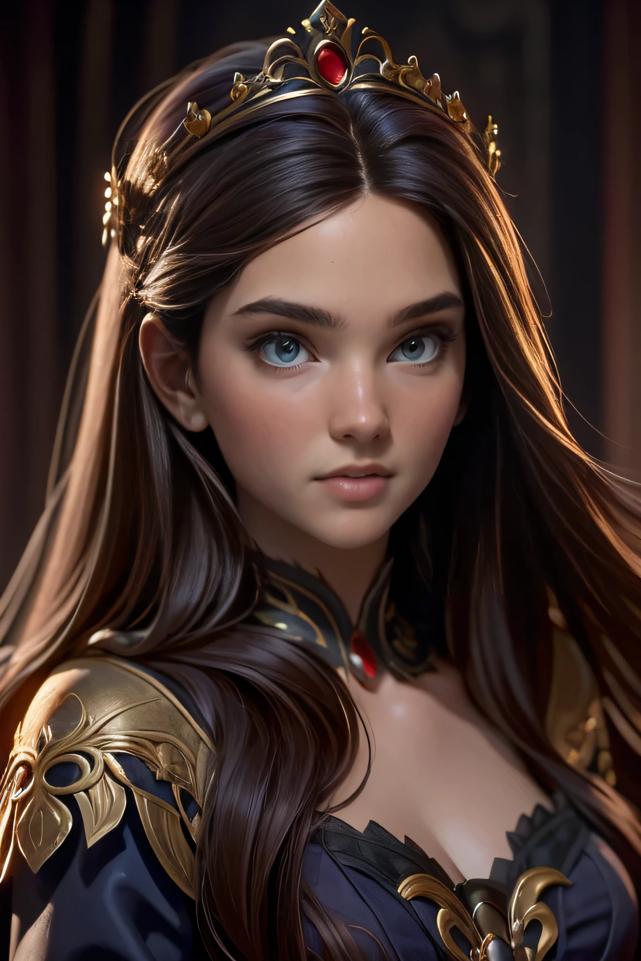 Young woman, medieval princess, long silky hair, blue eyes , deep red hair, Corona enjoyada, ornate royalty, intricate details, Natural lighting, ultra resolution , plain white background , without patterns, No textures.