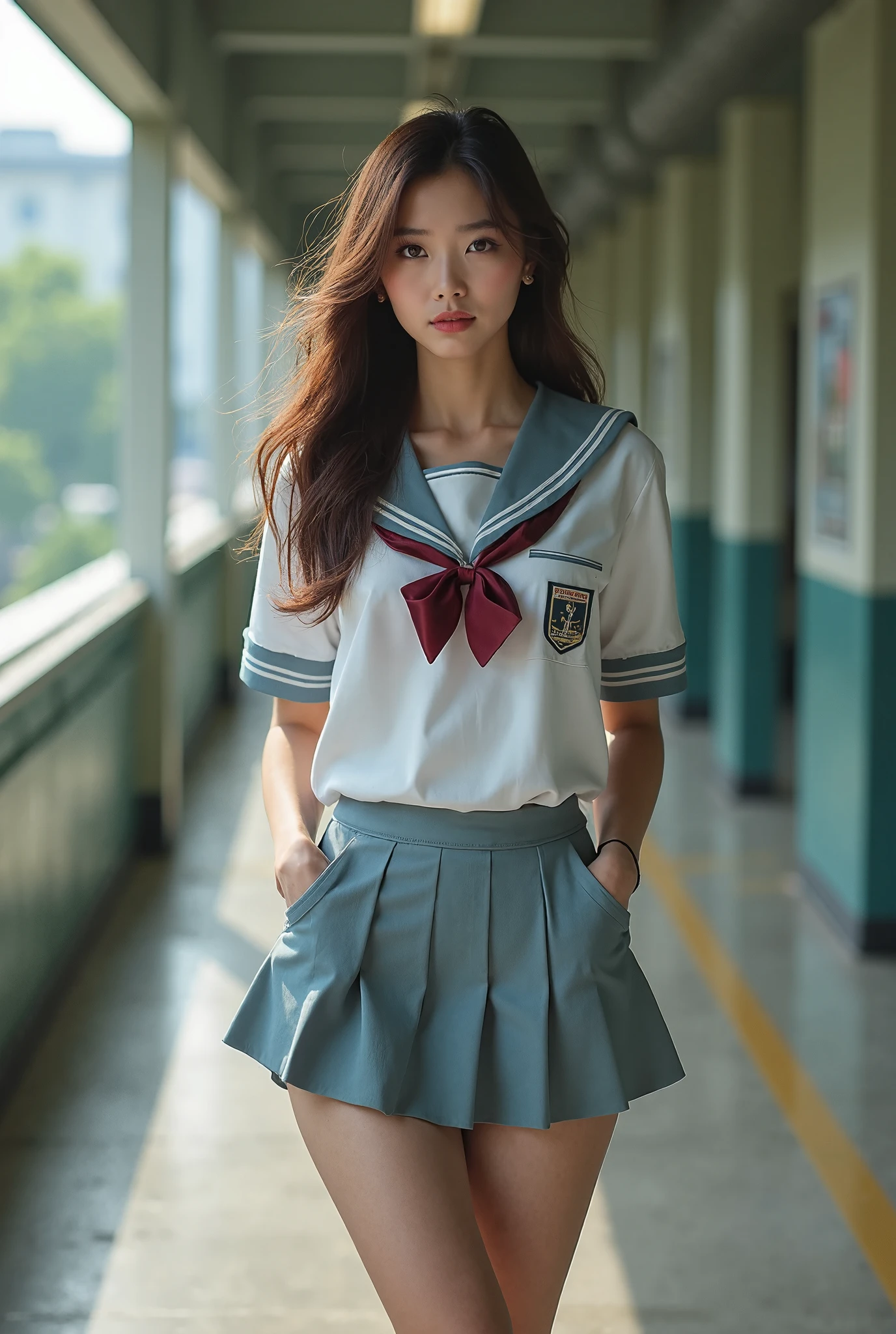 Highly detailed CG Unity 8K wallpaper、highest quality、super detailed、masterpiece、realistic、Photoreal、Highly detailed cute girl、18-year-old、(High school students wearing Japanese uniforms)、((Shooting from the front:1.4))、((Dark blue school girl bow tie:1.4))、((Standing in front of a wooden chest:1.4))、blush、split lips、looking at the viewer、semi body shot、(A room in a love hotel)、(Japan High and designated shoes)、(navy blue short pleated skirt,:1.5)、(Short-sleeved white shirt for students)、 (dark blue bow tie:1.2)、(Light brown long hair)、(beautiful face:1.3)、(perfect proportions:1.2)、(long legs:1.2)、(small breasts:1.3)、((Blouse wet in the rain、The brush is see-through))、(Bra is transparent)、(((wet hair、wet skin)))、((Upper body))、reality:1.7、((rain outside the window:1.4))、((confused look:1.4))、