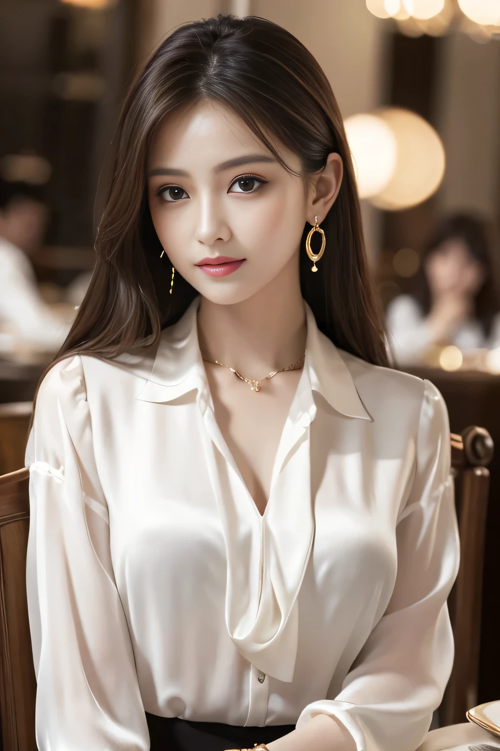 masterpiece, highest quality, Realistic, Very detailed, Finer details, High resolution, 8k wallpaper, One beautiful woman, Wear an elegant white silk shirt, In a great restaurant, At night, Light brown messy hair, Perfect dynamic composition, Beautiful and beautiful eyes、Big earrings、Sitting in a chair、Sleeveless shirt、