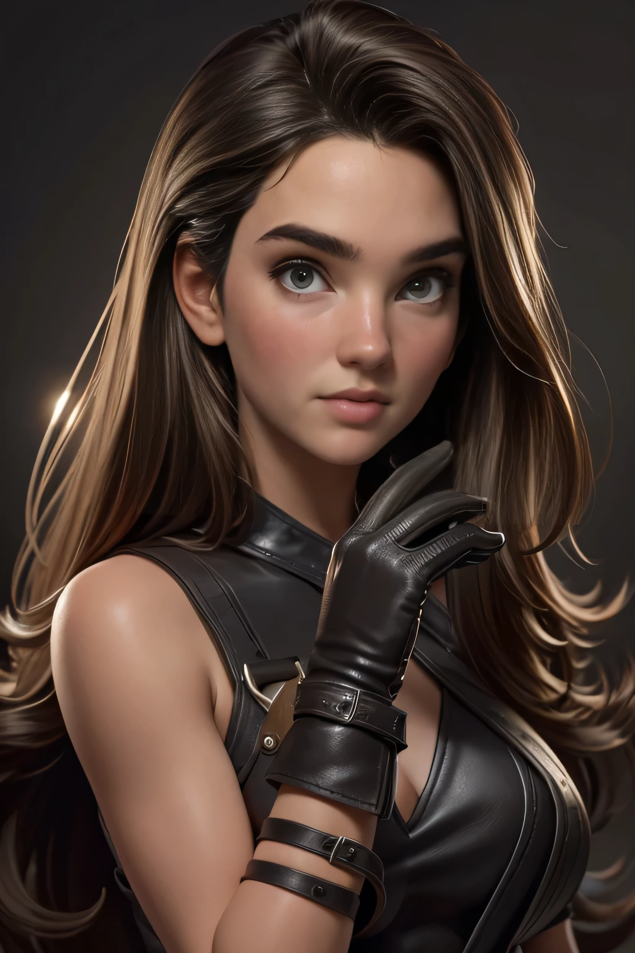 Young woman dark brown eyes, shaggy blond hair , gray leather clothing , Capelina , Gloves, if, straps, Natural lighting, ultra resolution , plain white background , without patterns, No textures.