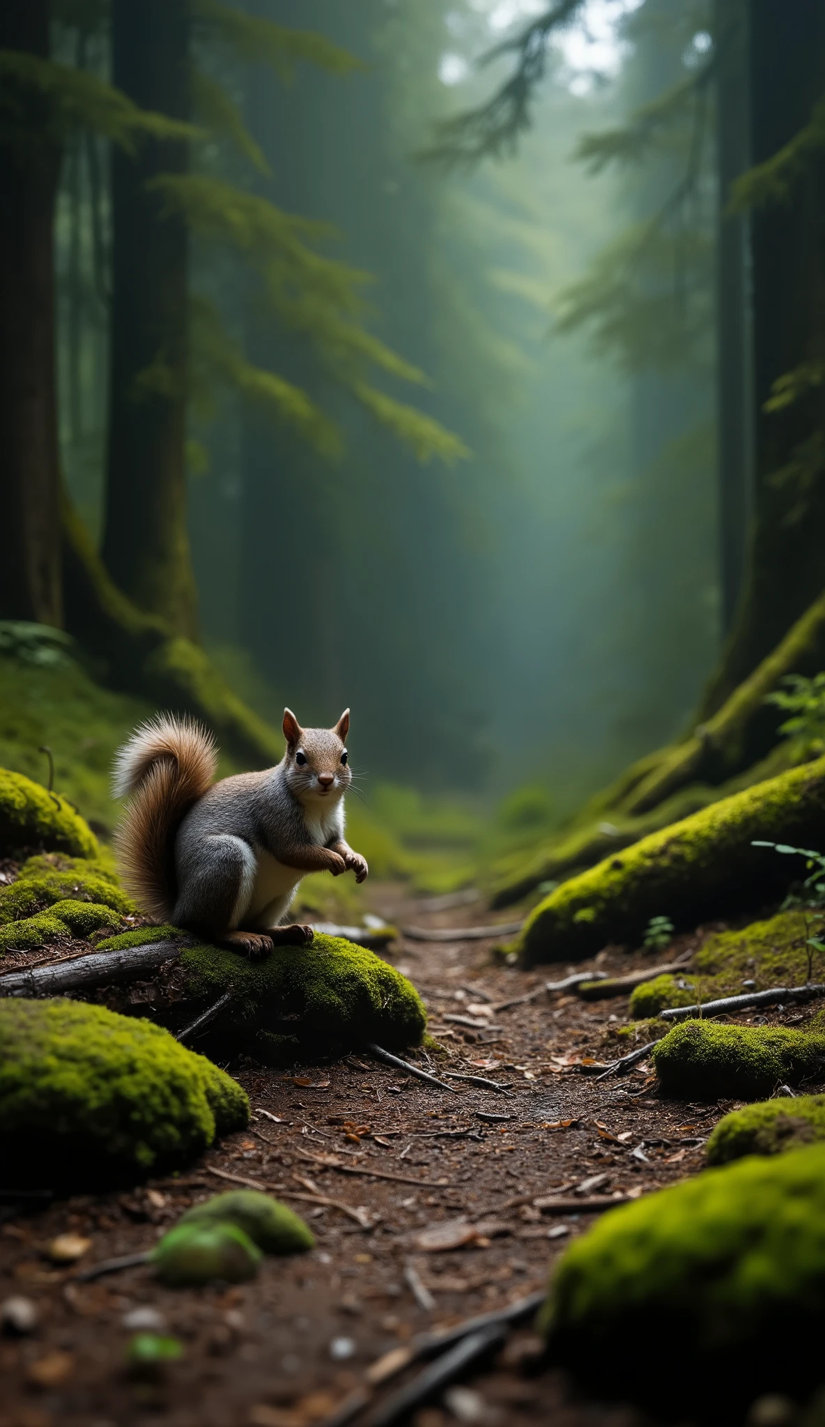 an enchanted squirrel on the side very close to the camera in the background the scenery of an enchanted nighttime fantasy forest ultra realistic fantasy art cinematic giant green trees, grass moss, dry leaves ultra detailed ultra realistic