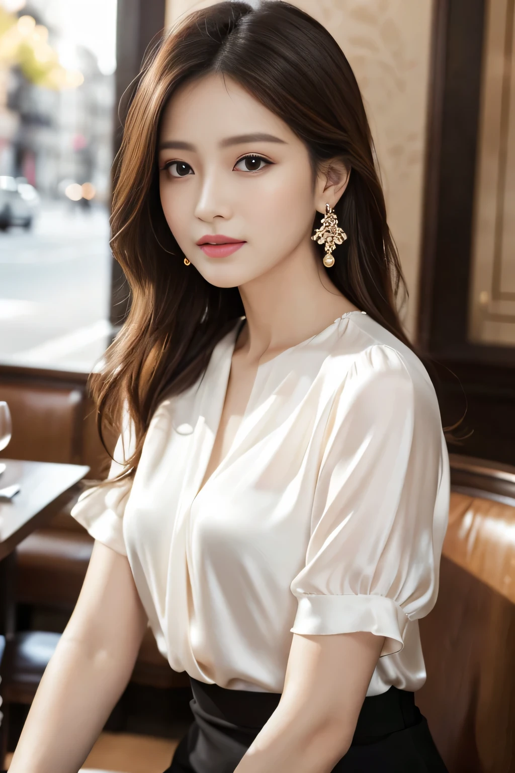 masterpiece, highest quality, Realistic, Very detailed, Finer details, High resolution, 8k wallpaper, One beautiful woman, Wear an elegant see-through shirt, In a great restaurant, At night, Light brown messy hair, Perfect dynamic composition, Beautiful and beautiful eyes、Big earrings、Sitting in a chair、