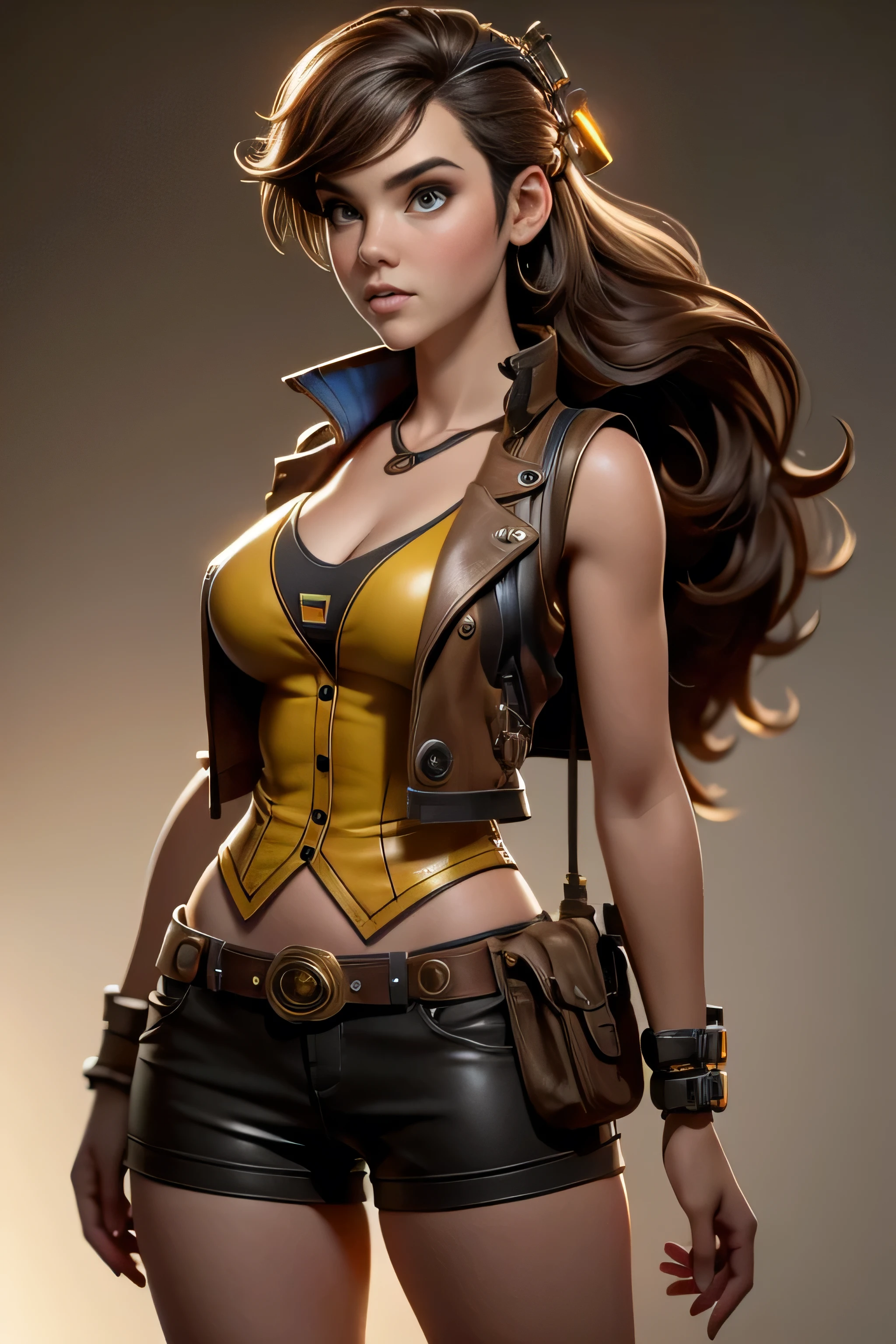 Young woman with robotic body with tubes and cables, Steampunk style, shorts, yellow skirt, brown vest, Natural lighting, ultra resolution , plain white background , without patterns, No textures.