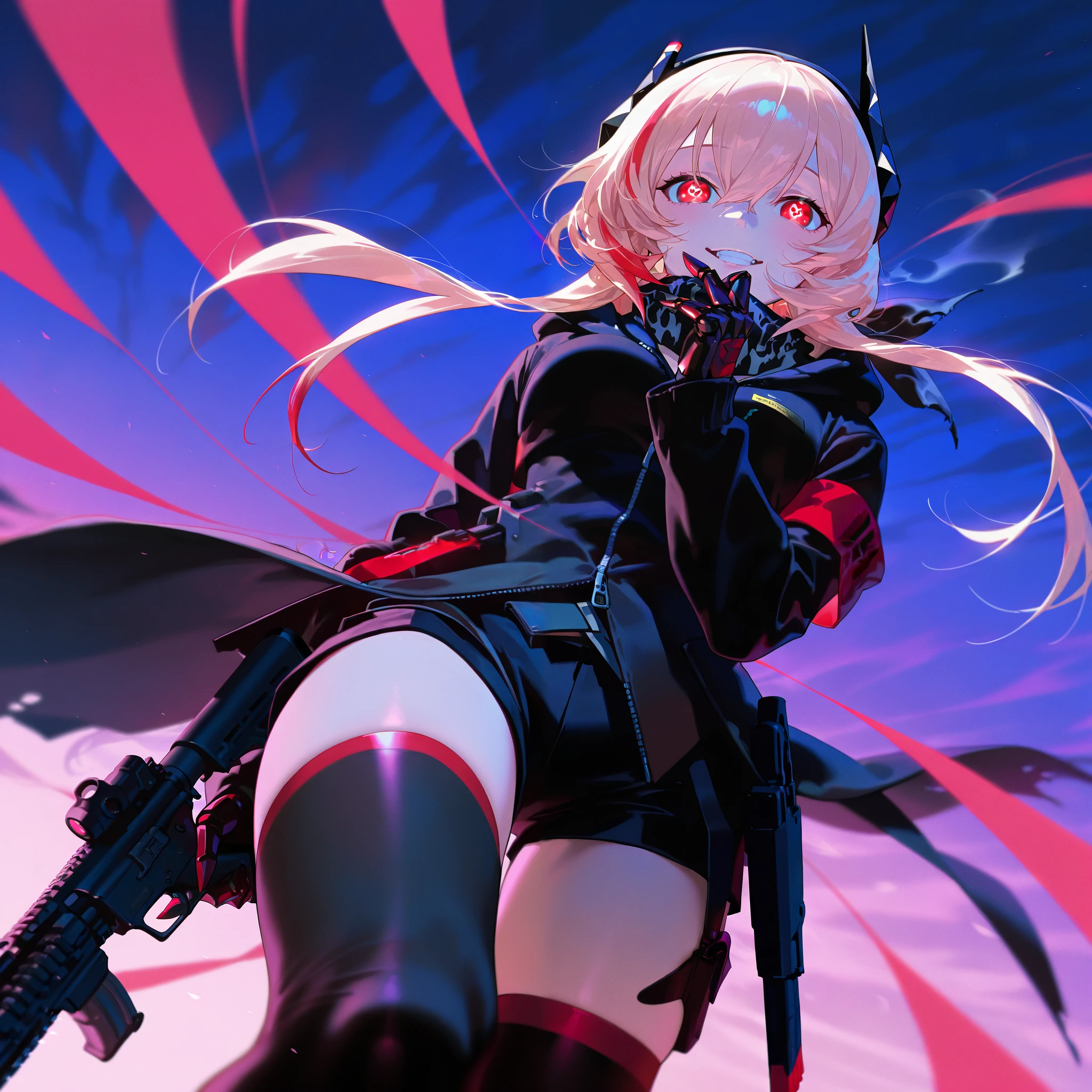 top-quality、Top image quality、masterpiece、Teenage girl((Black jacket、black mechanic body、Shining red body line、Black Bikini Armor、18year old、 Ager、Best Bust、big bast,Beautiful light blue eyes, Long Blonde Hair、A slender,Large valleys、Reflecting the whole body、black mechanic helmet、Black visor、mechanical red sword、Black wings、rear cable、mid air、flying though the air,fighting poses)),hiquality、Beautiful Art、Background with((Dark world、Darknesian dragon army、demon realm))masterpiece、depth of fields,Japan Anime Style