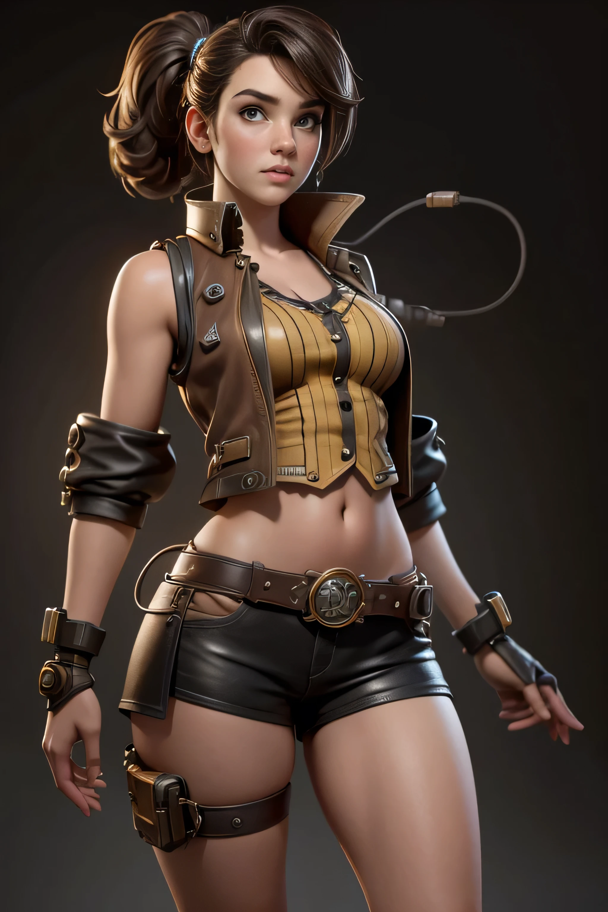 Young woman with robotic body with tubes and cables, Steampunk style, shorts, yellow skirt, brown vest, Natural lighting, ultra resolution , plain white background , without patterns, No textures.