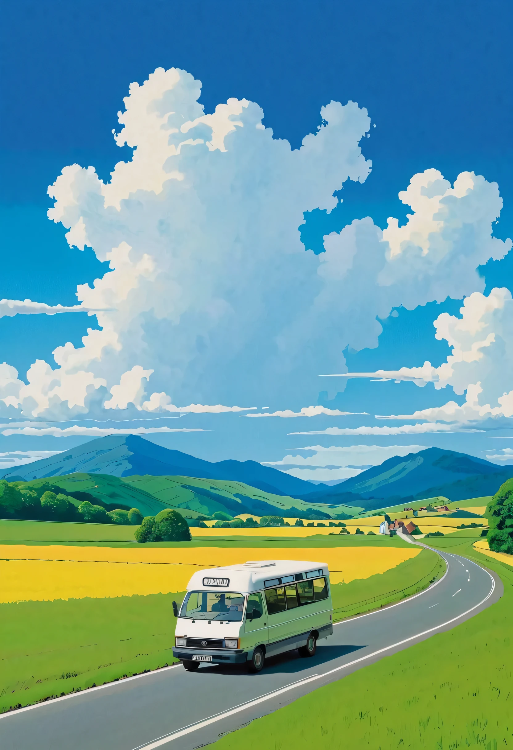 (Minimalismo:1.4), a minibus on the road, german van, ghibli studio art, Miyazaki, pasture with blue sky and white clouds