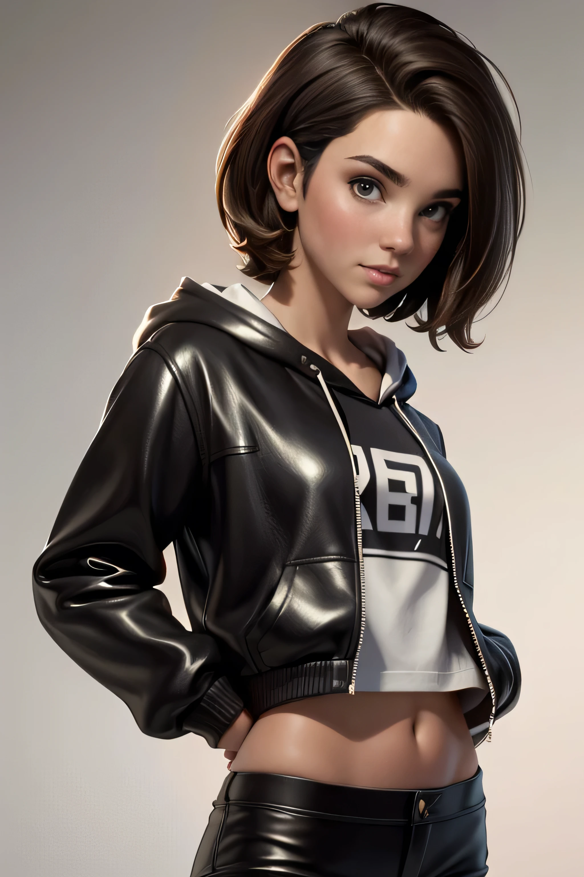 Young woman, short brown hair,  hoodie, pants, latex shorts , AuriculAres,  Natural lighting,  ultra resolution ,  plain white background , without patterns, No textures.