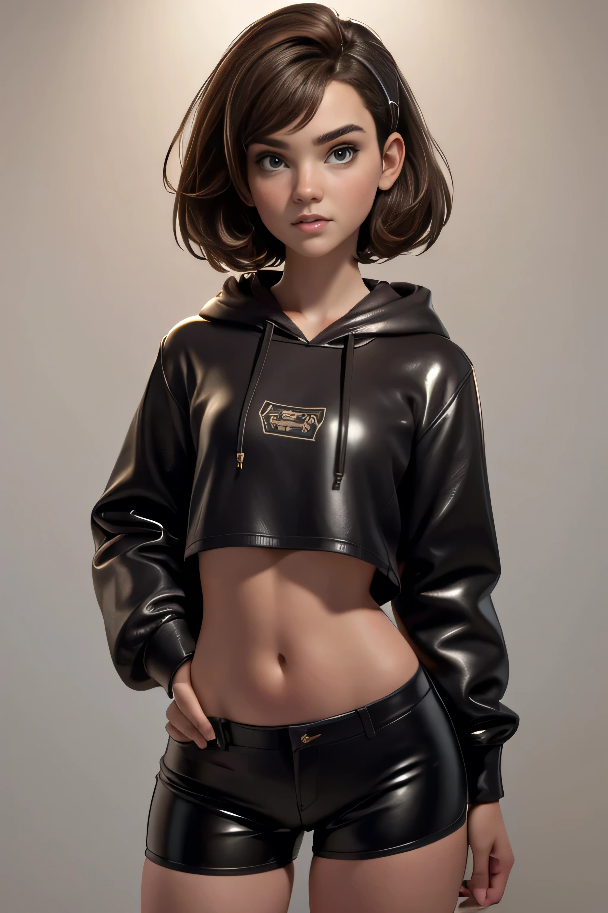 Young woman, short brown hair, hoodie, pants, latex shorts , AuriculAres, Natural lighting, ultra resolution , plain white background , without patterns, No textures.