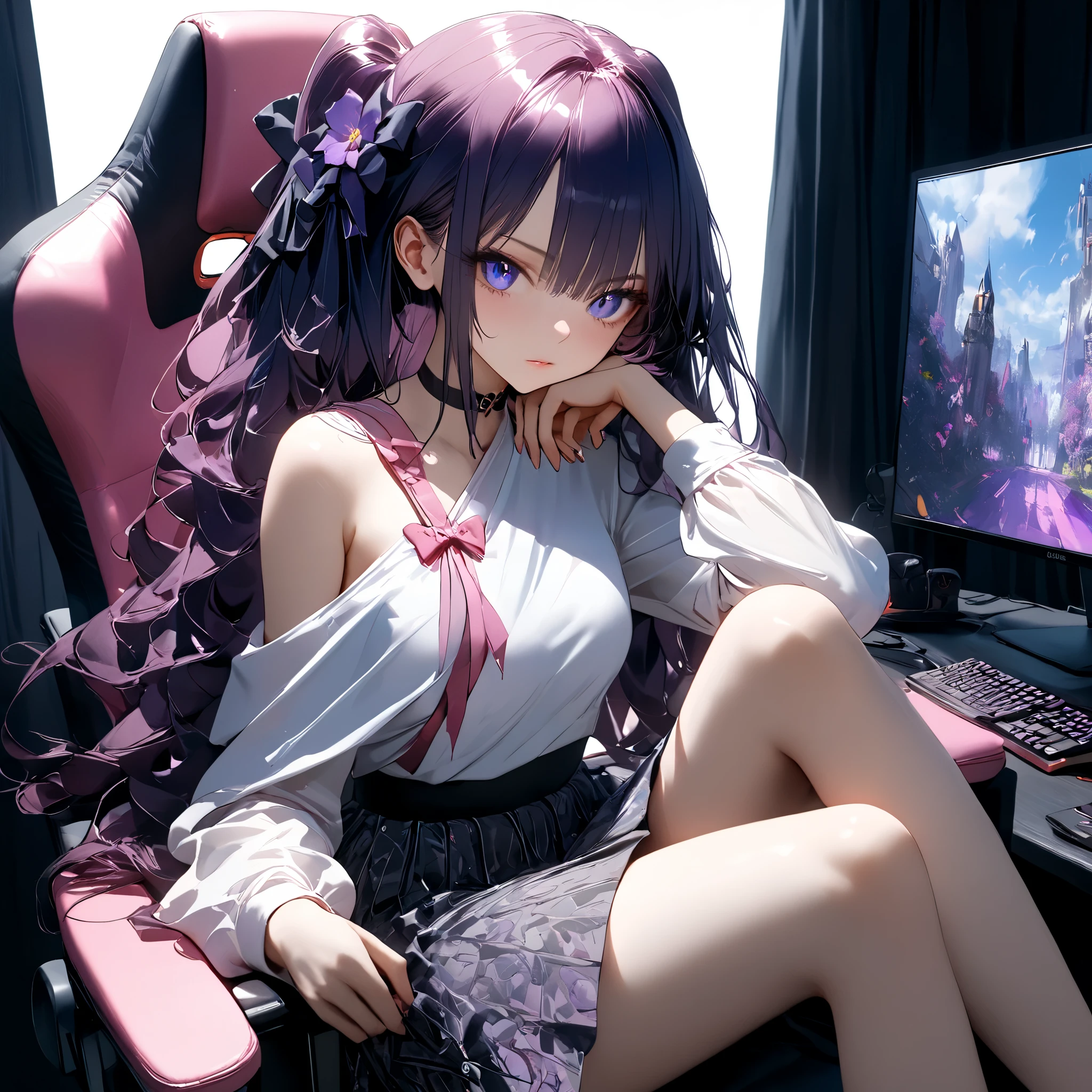 8k,masterpiece, CGSTATION, hyper CGI style, arte extremadamente detallado de artgerm, photorealistic chica anime render, 8k anime drawing style, best quality, 3D rendering, INTRICATE, 1girl, expressive eyes, perfect face, (bright purple hair, long hair), perfect anatomy, full body, looking at viewer, bright blue eyes, beautiful face, perfect face, perfect hands, perfect legs, super detailed clothing, intricate clothing, sitting on an pink gaming chair, She has dark purple hair, long pony hair, adorned with small purple bows. She wears a long-sleeved pink blouse with a woven design, draped over one shoulder, Her skirt is short and white, with pleats. The girl's expression is soft, with large purple eyes and a purple flower-shaped accessory on the right side of her hair. Sitting in a pink gamer chair, she is in a room with many video game accessories, the room has: 2 computers and two 30" monitors, all the details in the room's accessories are in fuchsia pink,