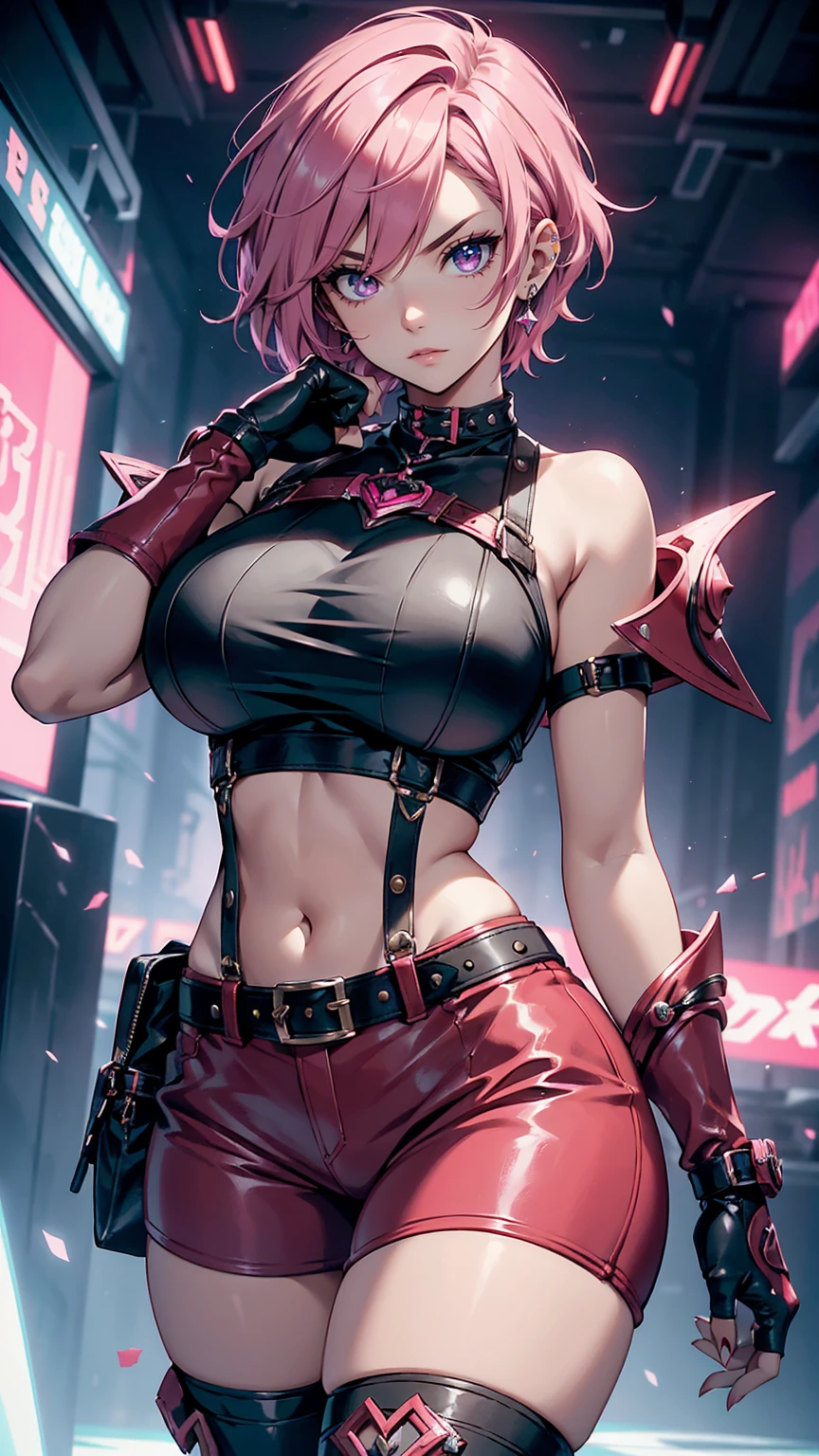 (Drawn by Agnes Cecile in darkest dungeon style:1.1), (cyberpunk aesthetic:1.2), (night shopping district), (imp body proportions:1.1), (imp woman:1.2), (dark red skin:1.1), (adorably cute kawaii), (tiny imp gal:1.2), (punk side shave hairstyle:1.2), (pink streaked shaggy hair:1.1), curvaceous thick, (athletic body:1.1), (round breasts), (bubble butt), (wide hips:1.1), (slim waist:1.1), (thick thighs:1.1), (detailed face and eyes:1.2), (short and small), (tight tank top:1.1), (spiked collar:1.1), (spike expletive:1.1), exposed midriff, (tiny shorts:1.1), (thigh strap belt:1.1), (fishnets:1.2), (arrogant eyes:1.1), (frowning), (eyeshadow:1.1), (arm tattoo:1.2), (ear piercing:1.1), (hand on hip side), (detailed hand and finger:1.2), (medium breasts:1.2), (busty), (deep cleavage:1.2), (labia outline:1.3), (hard teat:1.3).