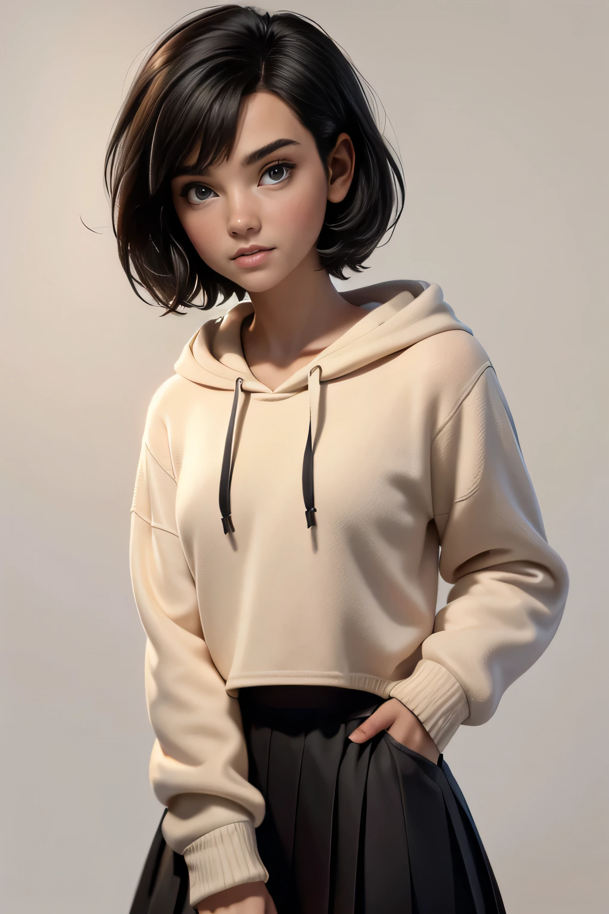 Young woman, short black hair, brown eyes, wearing a white hoodie, black pleated skirt , Natural lighting, ultra resolution , plain white background , without patterns, No textures.