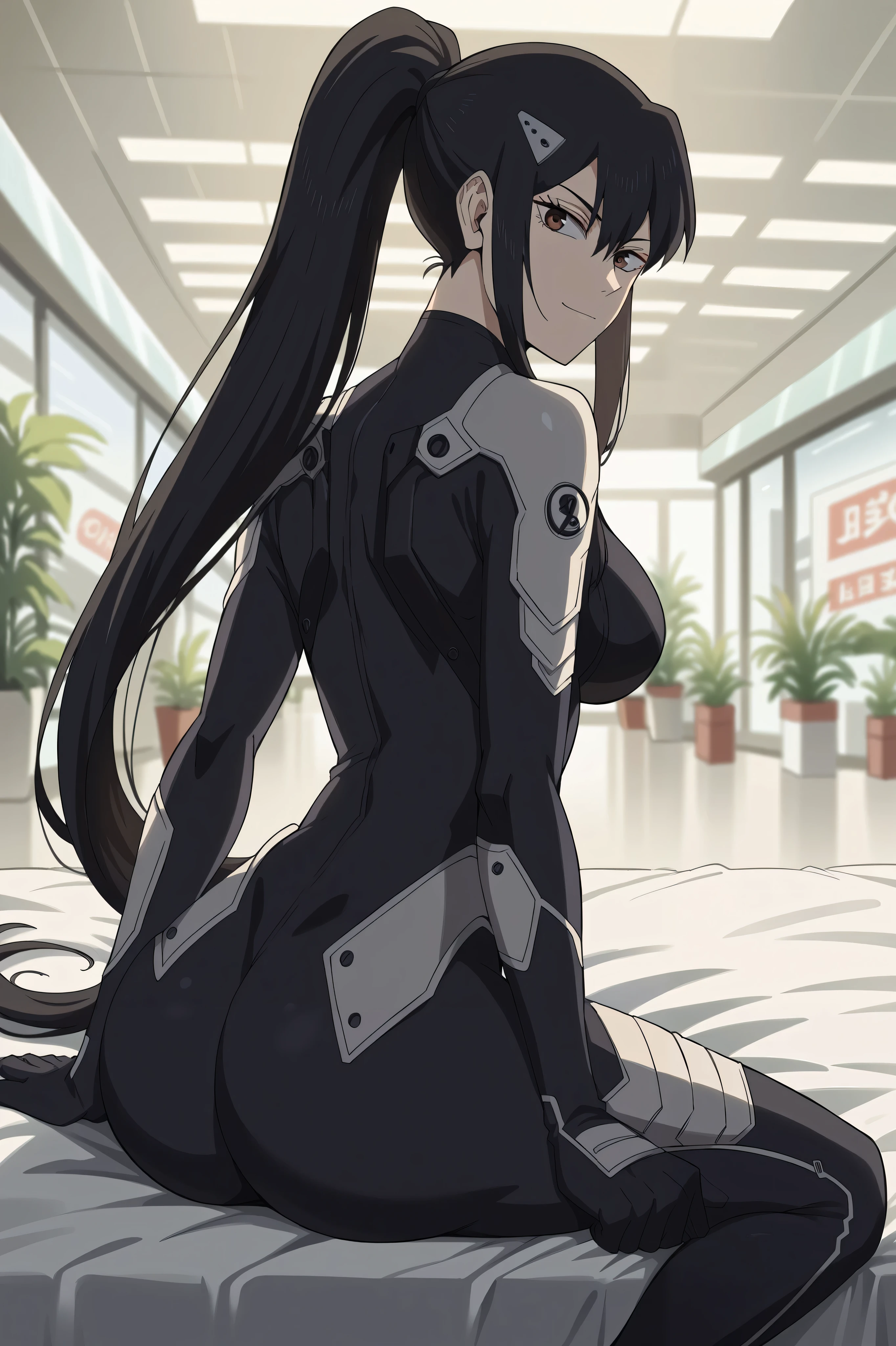 score_9, score_8_up, score_7_up, source_anime, My Ashiro , long hair , ponytail hairstyle, black hair , hair ornament, brown eyes, mall , mall under eye,, bodysuit, black bodysuit, sexy smirk, looks at viewer , apartment , evening, bed, big breasts, big ass , unbuttoned clothes , lying on the bed , shows off her naked ass to the viewer.