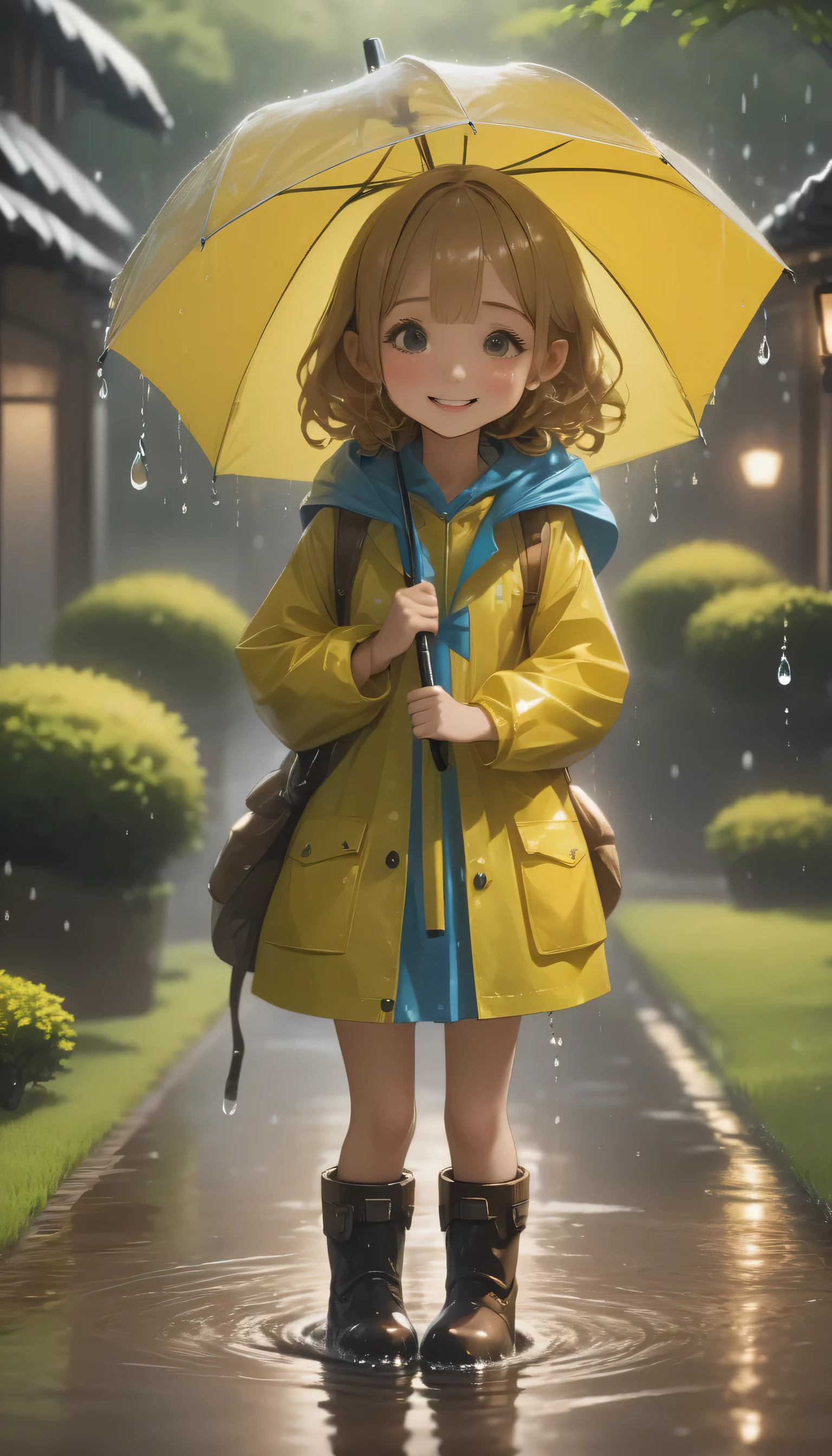 quality\(8K,非常に精細なCGユニットのwallpaper, masterpiece,High resolution,top-quality,top-quality real texture skin,Surreal,Increase the resolution,RAW Photos,最高quality,Very detailed,wallpaper\),BREAK、One Girl、5talent、、Innocent and cute face、smile、Wet day、Raincoat、Boots、Spinning an umbrella、長靴でpuddleの水をスパークさせている、garden、puddle、