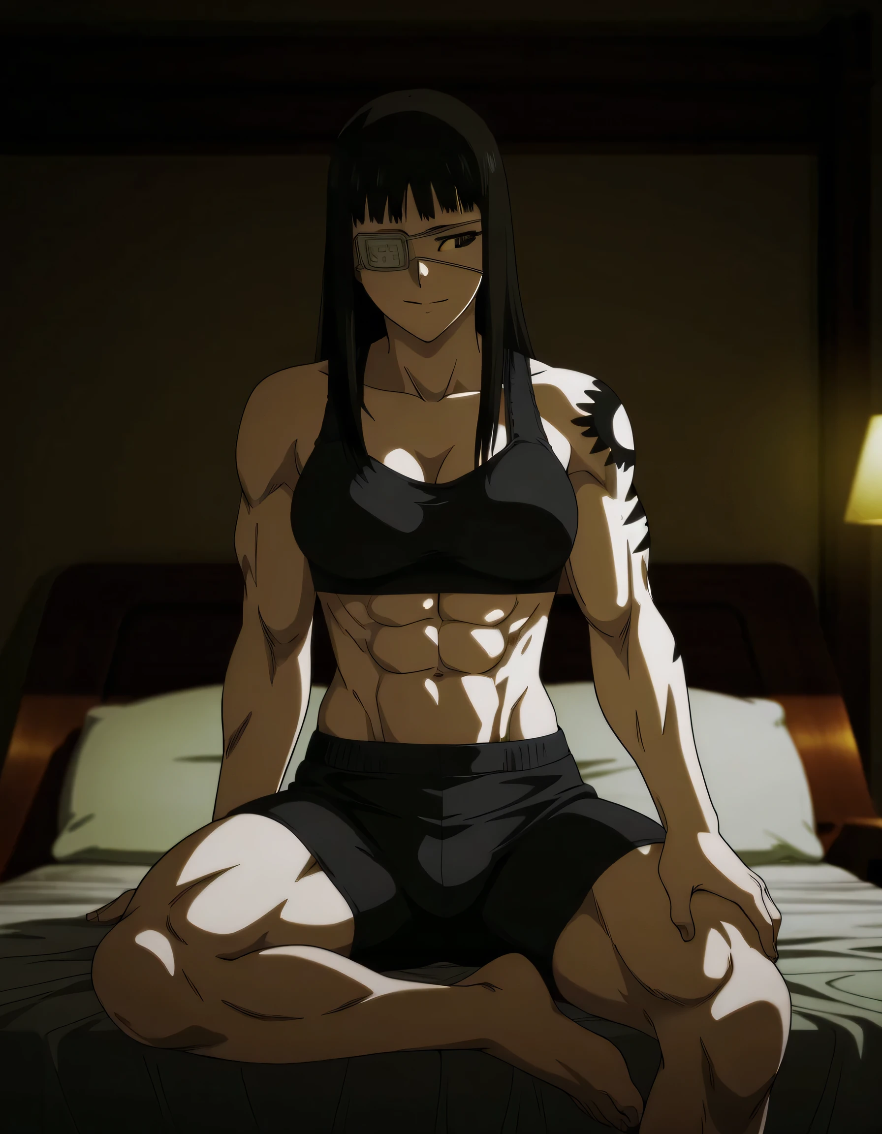 1girl,solo,mm,mature female,black hair,eyepatch,brown eyes,medium breasts,anime coloring,long hair,
muscular,black tight sport bra and black tight sport Elastic shorts,cowboy shot, , ,bedroom, tattoo,
,masterpiece,best quality,amazing quality,,muscles and,muscles lines,muscles big size,pelvis muscles,strength muscles looking,dynamic air,Valmet handsome face,Shining abs and shoulders,eight-pack,iron muscles,Bulge between legs indicates non erect penis in shorts,Barefoot, sporting attractiveness sexual attractiveness,sitting ,choza sitting ,sexual muscles,light smile,leg laying,hand in own leg,in night,looking at side