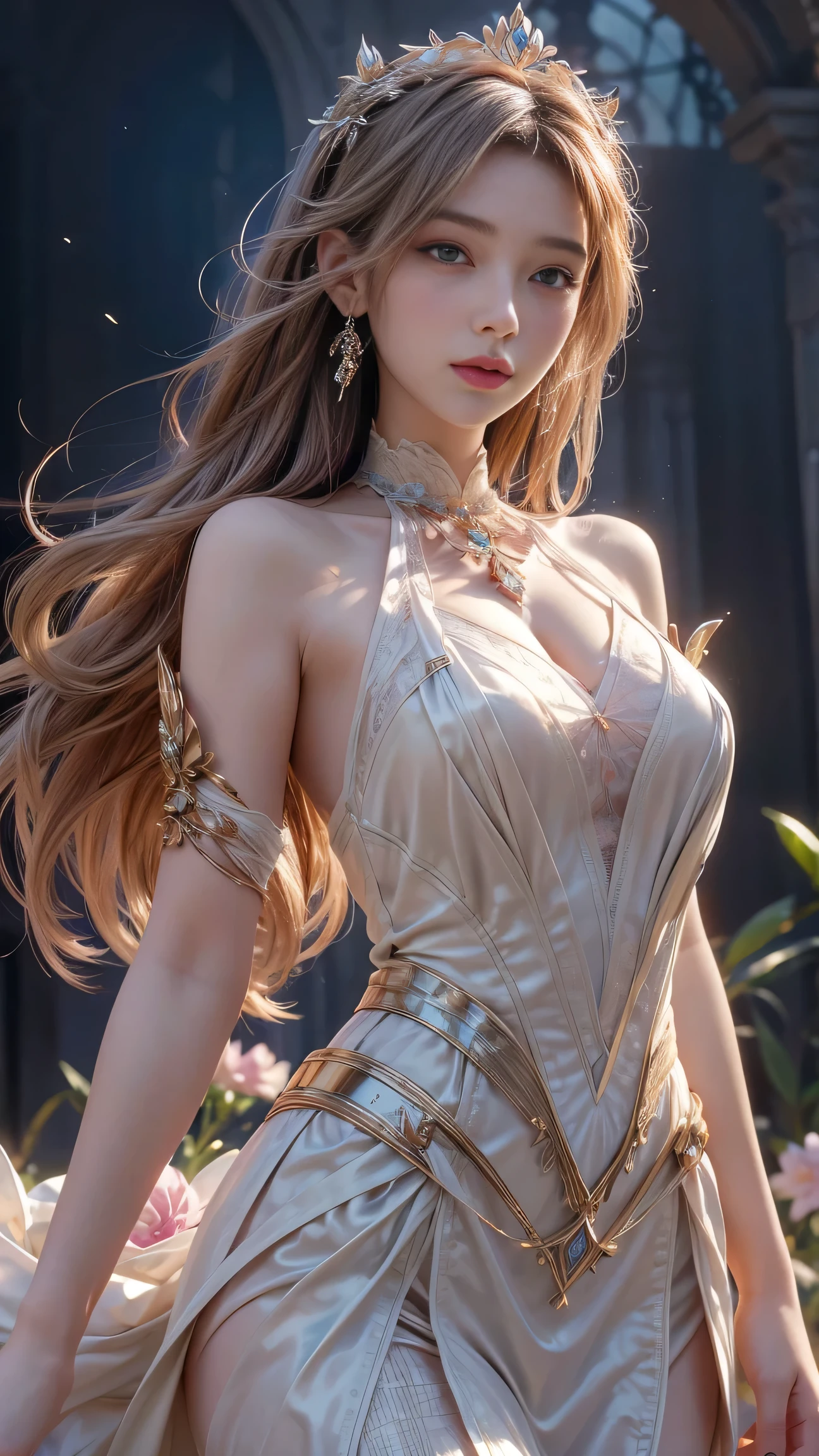 8K ultra hd, masterpiece,1 girl, ((realistic face)), detailed eyes, ((very long hair)), flowing hair, small breasts, royal dress, decorated dress, white dress, anitque jwellery, detailed lacing, flowing cape, bare navel, moon light, amazing night outdoor, spot lights, glowing lights, depth of field, ray tracing, bloom, realistic shadow, tyndal effect, spreding, lights, looking at the audience, attractive pose, sitting,