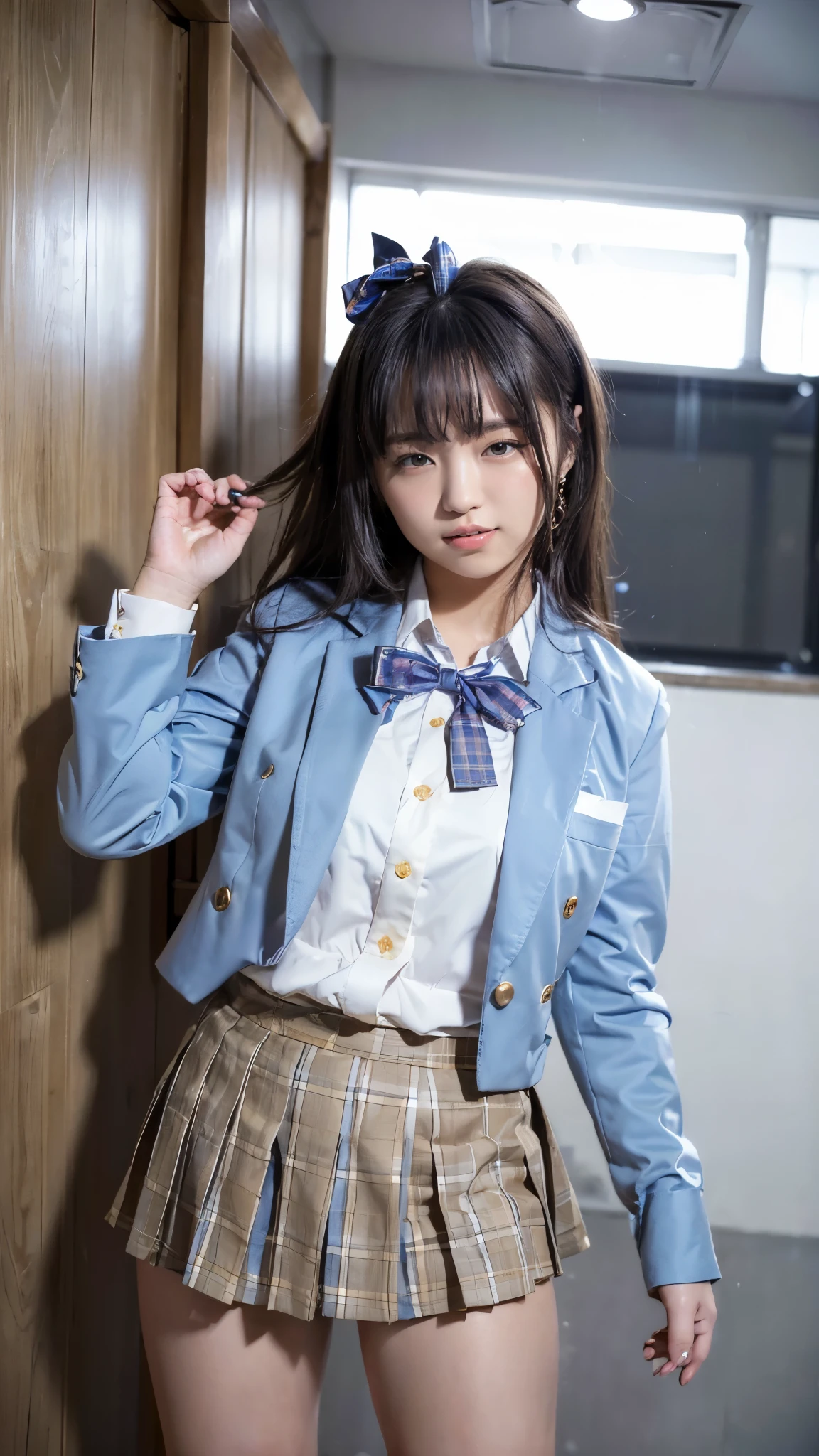 (Highest quality, 4K, High resolution, masterpiece, Genuine, Realistic, Realistic:1.3), (upper body), Girl standing in a school changingroom and touching skirt, blue bow tie uniform, Dark Blown Blazer, blown plaid skirt, Ear piercing, Gal Makeup, wearing white collared shirts, ((Blonde hair, mushroom-hair:0.4)), Gold Necklace, Gold Bracelets, grin, Gold chain19--old,ngs,A small smile,Thighs, knees, From below, having pinching skirt:0.7, open legs:0.8,