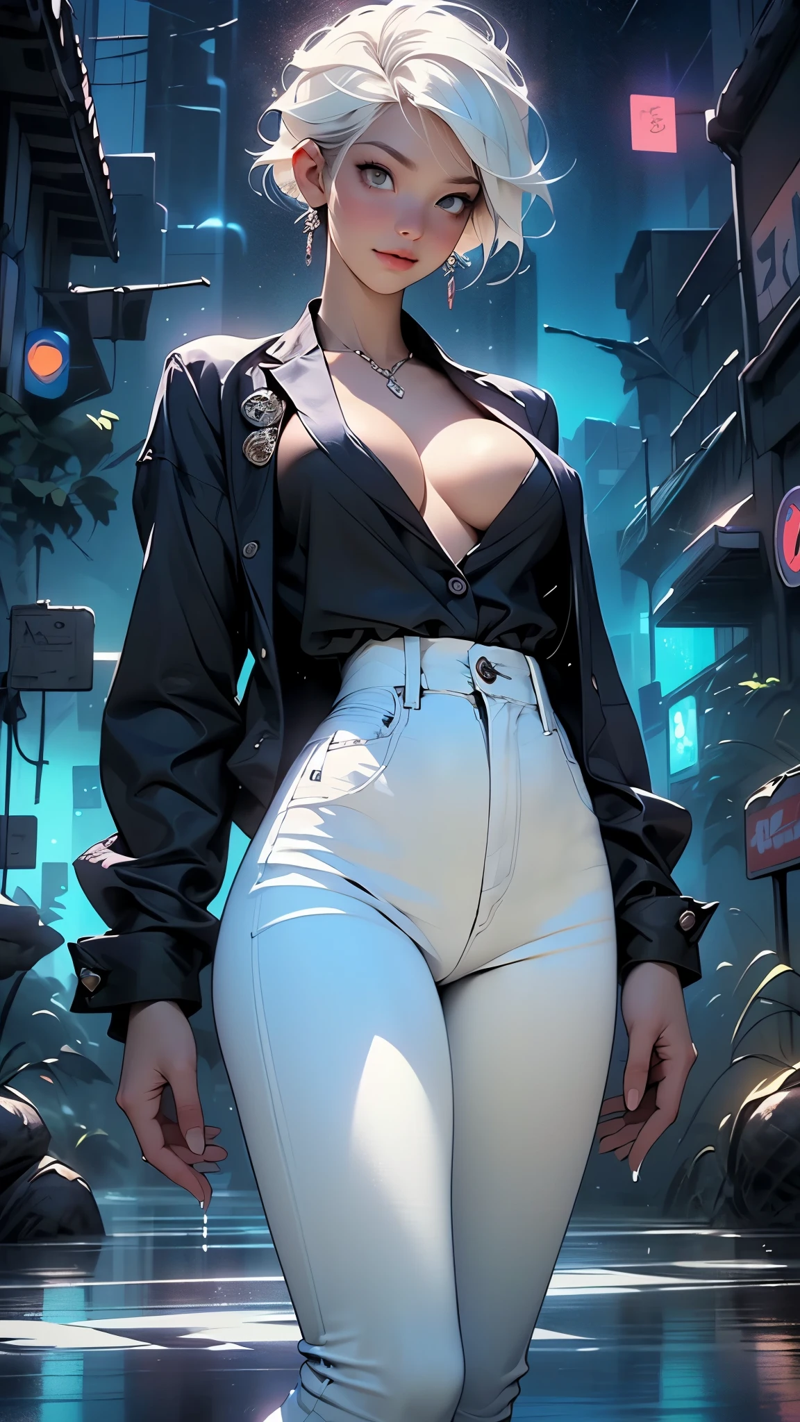 cute albino girl,(((1 girl))),((albino girl with extremely cute and beautiful White hair)),
(breasts small:1.4),(((White hair:1.35,colored inner hair,ear breathing,small White hair,tomboy haircut))),(((neon_aqua_eyeballs:1.3))),intricate eyeballs,beautiful detailed eyeballs,symmetrical eyeballs,((fatter)),(((pale skin,shining skin:1.5,shining skin: 1.5,shining skin,very shining skin,shinny body,plastic glitter skin,exaggerated shining skin,brightened skin,wet legs))),(spider lower abdomen,narrow waisted,wide hip,athletic body,inflated legs,body detailed,(face detailed)),
cute,slutty,seducer,Erotic,(((nsfw))),
(((wearing white formal blazer,White pants,))),(((huge cleavage))),((wetclothes,complex outfit,complex clothing)),
(dynamic pose:1.0),focus only,embarrased,(centred,scale to fit dimensions,rule of thirds),
cyberpunk city by the sea at night, with bright neon signs and dark stormy clouds and puddles, scenario:1.25,
artistic photography,(photograph taken by sldr),high resolution, sharp focus, (ultra detaild, extremely detaild), (photorealistic art:1.37),(extremely detaild CG unity 8k wallpaper),((tema de fundo synthwave)),(((swirly vibrant colors))),(intricate background),(work of art),(best qualityer)