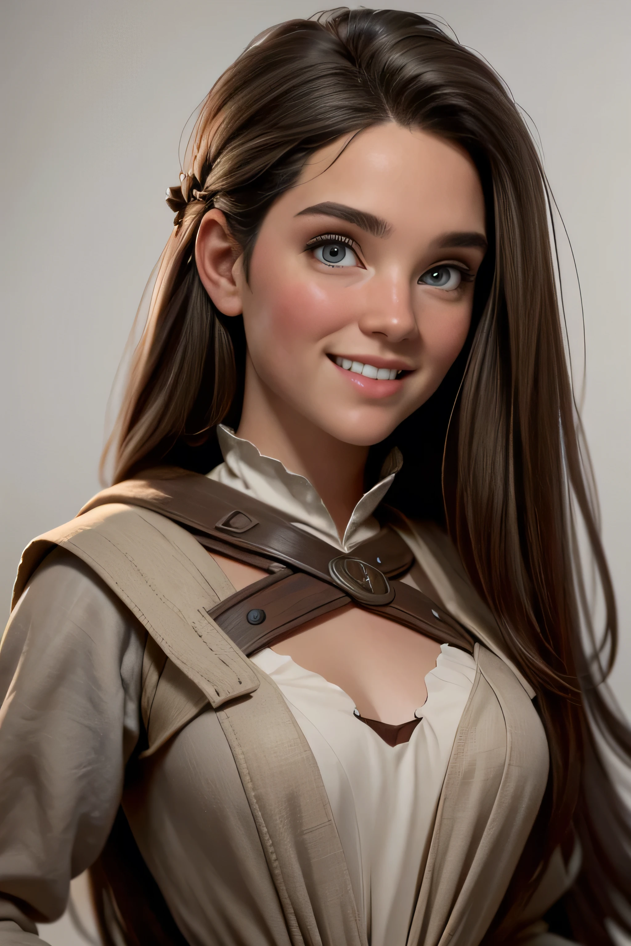 Medieval peasant woman , medieval dress, gray and brown shreds, blue eyes , by the ruby, smiling with seduction, Natural lighting, ultra resolution , plain white background , without patterns, No textures.
