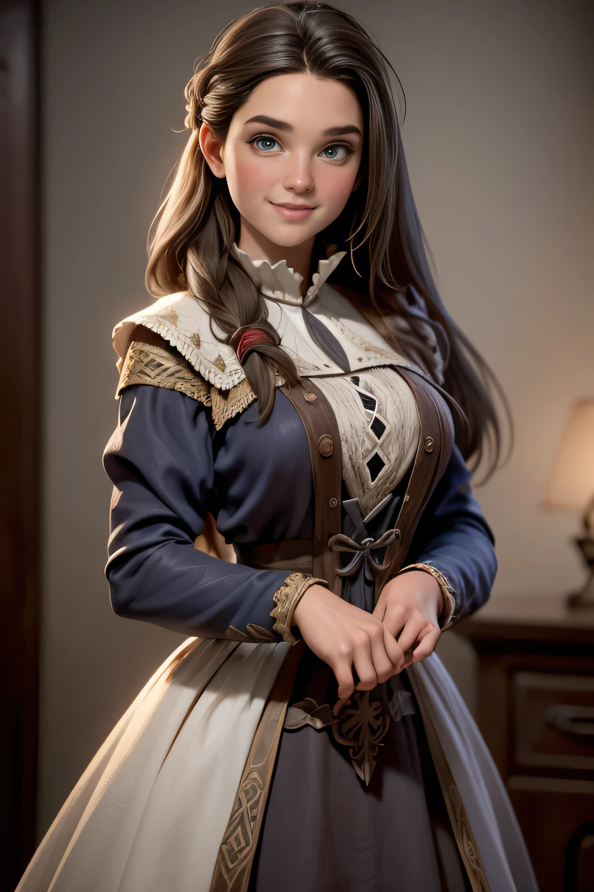 Medieval peasant woman , medieval dress, gray and brown shreds, blue eyes , by the ruby, smiling with seduction, Natural lighting, ultra resolution , plain white background , without patterns, No textures.