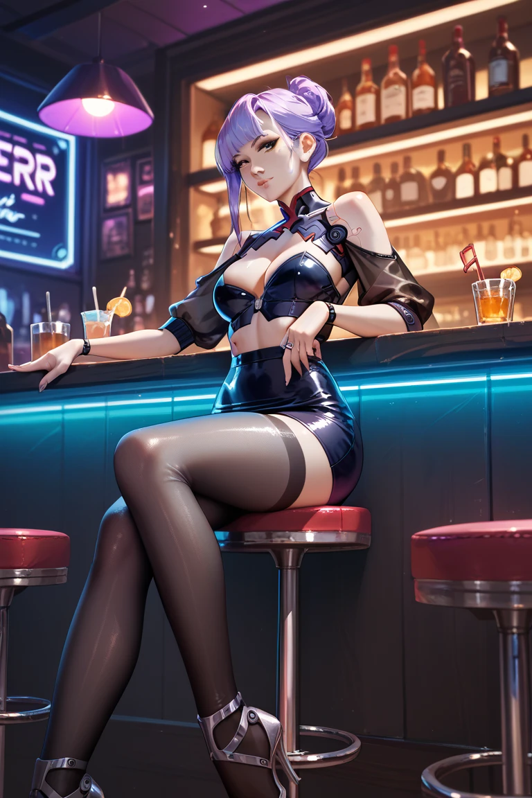 Beautiful gray-haired woman shows herself with a slender figure, she is wearing a nsfw cropped sweater and skinny jeans, choker, sexy look, long thin ponytail, pretty eyes, girl in nightlife ,sexy session, pose sexy, cowboy shot, Superior quality, many details, realist