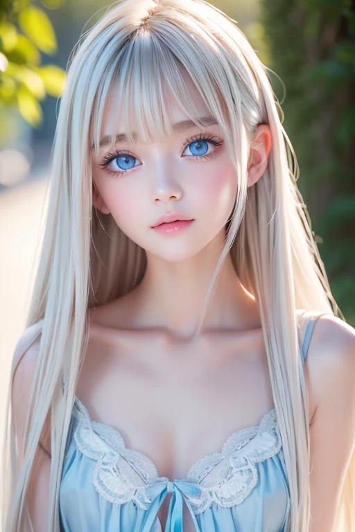 Platinum blonde fine hair、Super long straight hair、顔とBangs between the eyes、Bangs between the eyes、Big bright blue eyes、Transparent white and wet nightgown、Nordic youth、Perfect body、White Muscle、Shiny skin、Young and beautiful skin、Perfect beautiful little face、Bright makeup、Pale pink lips、Bright expression、1. 16-year-old girl、Buttonless shirt、lipstick、Deceptive advertising、{steams}、Viewer Vision、Golden Hour Lighting、Bokeh Atmosphere Perspective、detailed、Movie Light、Intricate details、High resolution、Detailed features of the face design、detailed、Clear Focus、Smoothness、aesthetics、printing、Octane、masterpiece、{{}}
