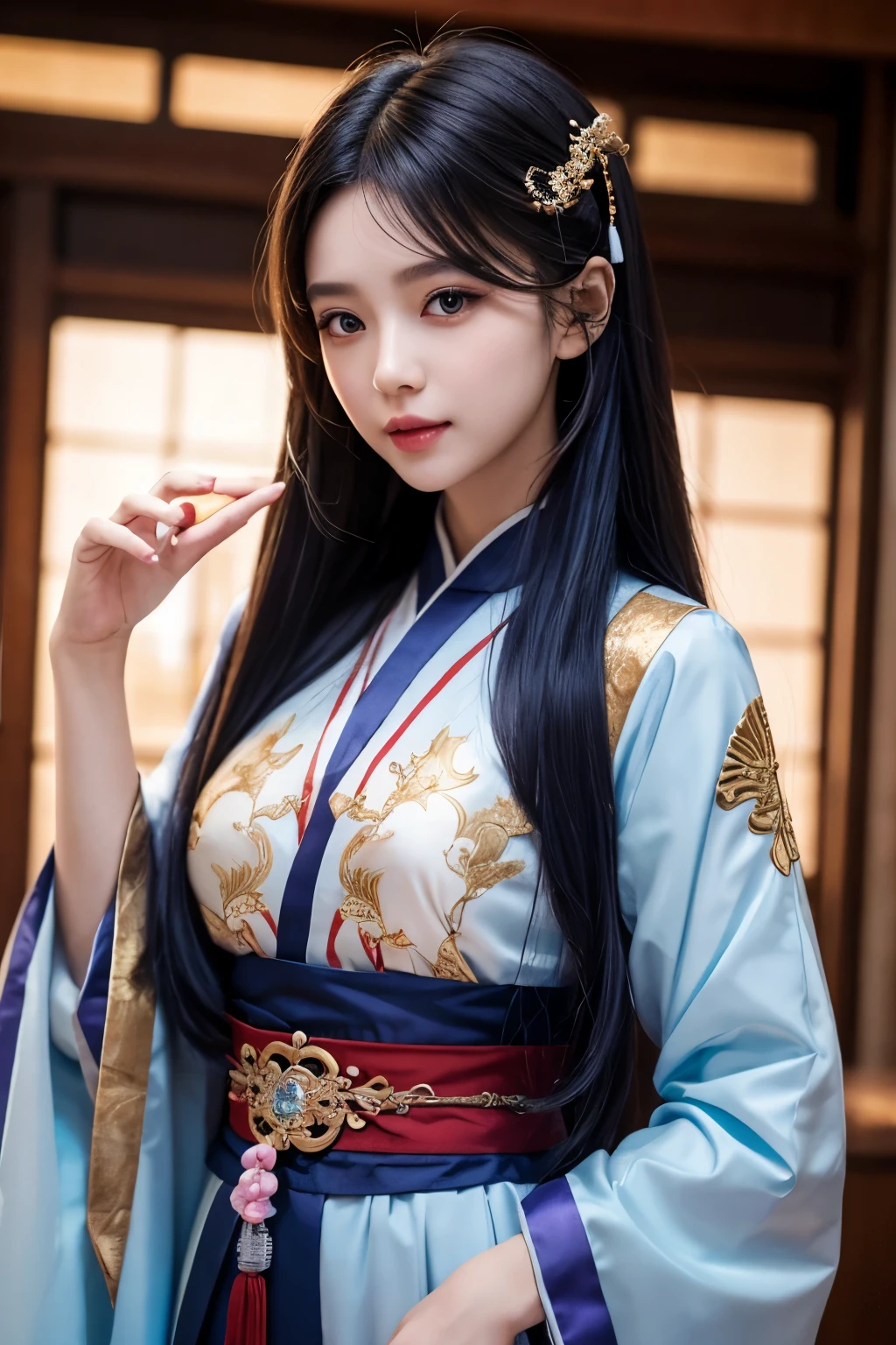 ( man referring to a woman ), dark blue hair,a beautiful physique , jade beauty , enchanting purple eyes , background a forest with a heavenly glow as if a starlight were reflected from a nearby lake , dressed in a white Female Hanfu with blue details and ornaments affirmed by a belt with 24 Jade pearls around her, copa de pechos b , pink lips and with a look in love (Look like a character from Webtoon ) dressed with a cheongsam , It takes up reference two for the look and reference 3 for the Hanfu suit, Perfect, aspect and more intonation in the details, especially those with the more realistic ,More details on the face and environment, Make the girl , That doesn't look like a doll. Hanfu white women's dress with blue and gold details, More details and the girl must have notorious blue hair,with a unique and divine beauty, The most notorious blue hair , the hanfu must have the design of a golden western dragon and the girl must wear a bracelet made of red jade beads and a magatama moon, The beads must be seen on her right hand , the hair is long and loose , Her breasts are D , She must have bluer hair and she must have a moon lotus mark on her forehead like a real beauty, She must have a Phoenix hairpin , Blue hair in twin ponytails