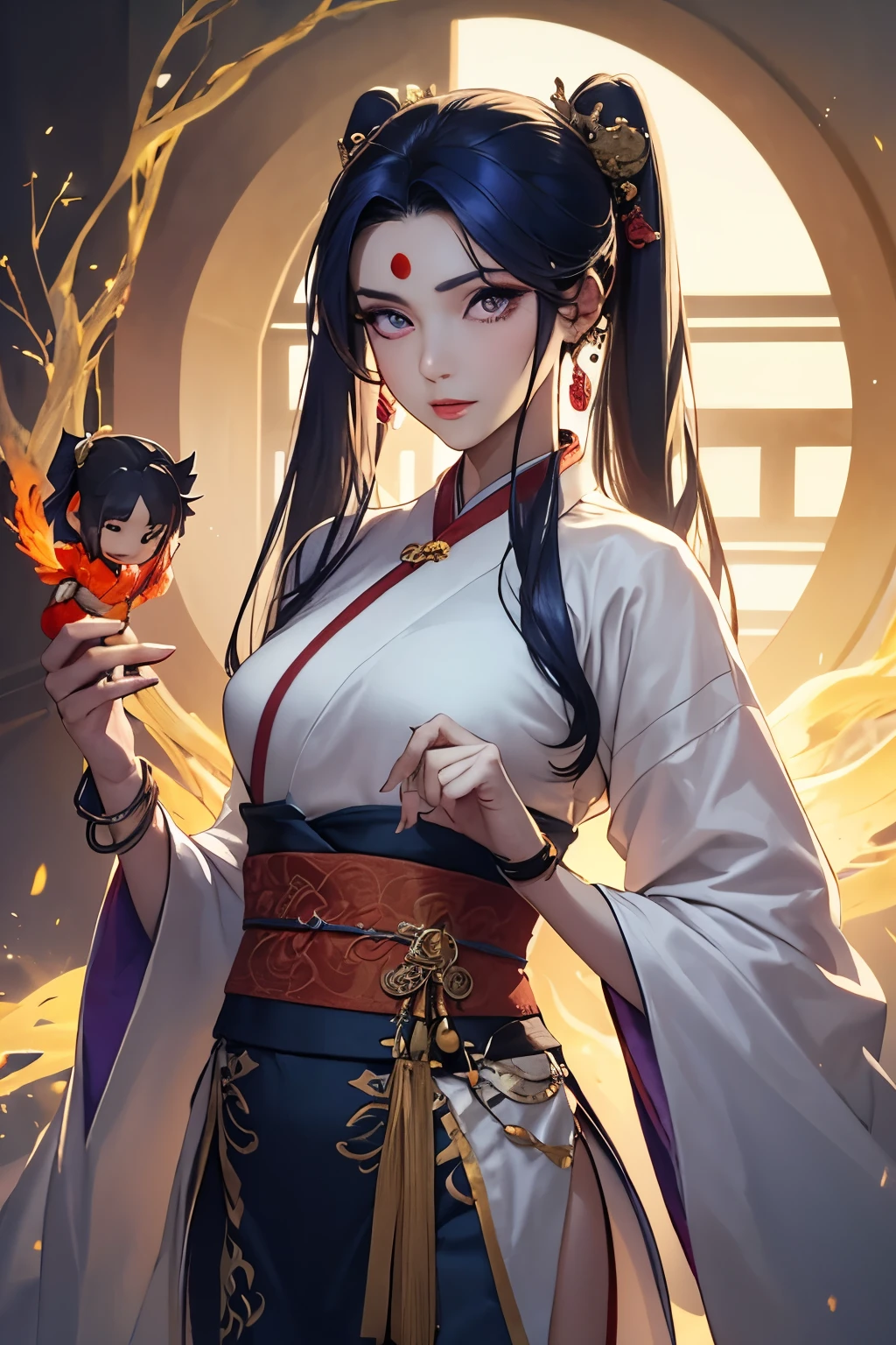 ( man referring to a woman ), dark blue hair,a beautiful physique , jade beauty , enchanting purple eyes , background a forest with a heavenly glow as if a starlight were reflected from a nearby lake , dressed in a white Female Hanfu with blue details and ornaments affirmed by a belt with 24 Jade pearls around her, copa de pechos b , pink lips and with a look in love (Look like a character from Webtoon ) dressed with a cheongsam , It takes up reference two for the look and reference 3 for the Hanfu suit, Perfect, aspect and more intonation in the details, especially those with the more realistic ,More details on the face and environment, Make the girl , That doesn't look like a doll. Hanfu white women's dress with blue and gold details, More details and the girl must have notorious blue hair,with a unique and divine beauty, The most notorious blue hair , the hanfu must have the design of a golden western dragon and the girl must wear a bracelet made of red jade beads and a magatama moon, the beads should be seen on your right hand, the hair is long and loose , Her breasts are D , she must have bluer hair and she must have a moon lotus mark on her forehead like a real beauty, She must have a Phoenix hairpin , Blue hair in twin ponytails
