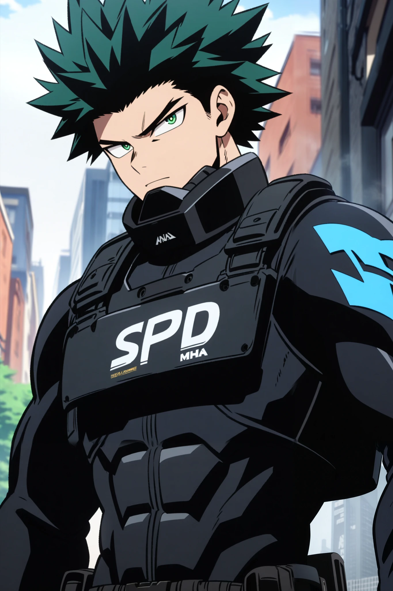 1boy, 25-years-old, handsome, adult, ((MALE)). police agent, solo, male focus, looking at viewer, , , , dark spiky ninja hair, green sharp eyes, ninja expression, ninja physique, muscular, , , dark police agent suit with “SPD” logo on the chestplate, he is a Ninja-Police-Agent, big city avenue background.
As My Hero Academia character, MHA style, anime style, my hero academia, boku no hero academia, animated. Anime, Best Quality, Masterpiece, High Resolution, 4K, perfect body, perfect eyes, perfect eyes, Full Quality, colorfull, Looking at viewer, Anime, Anime Style, High Resolution.