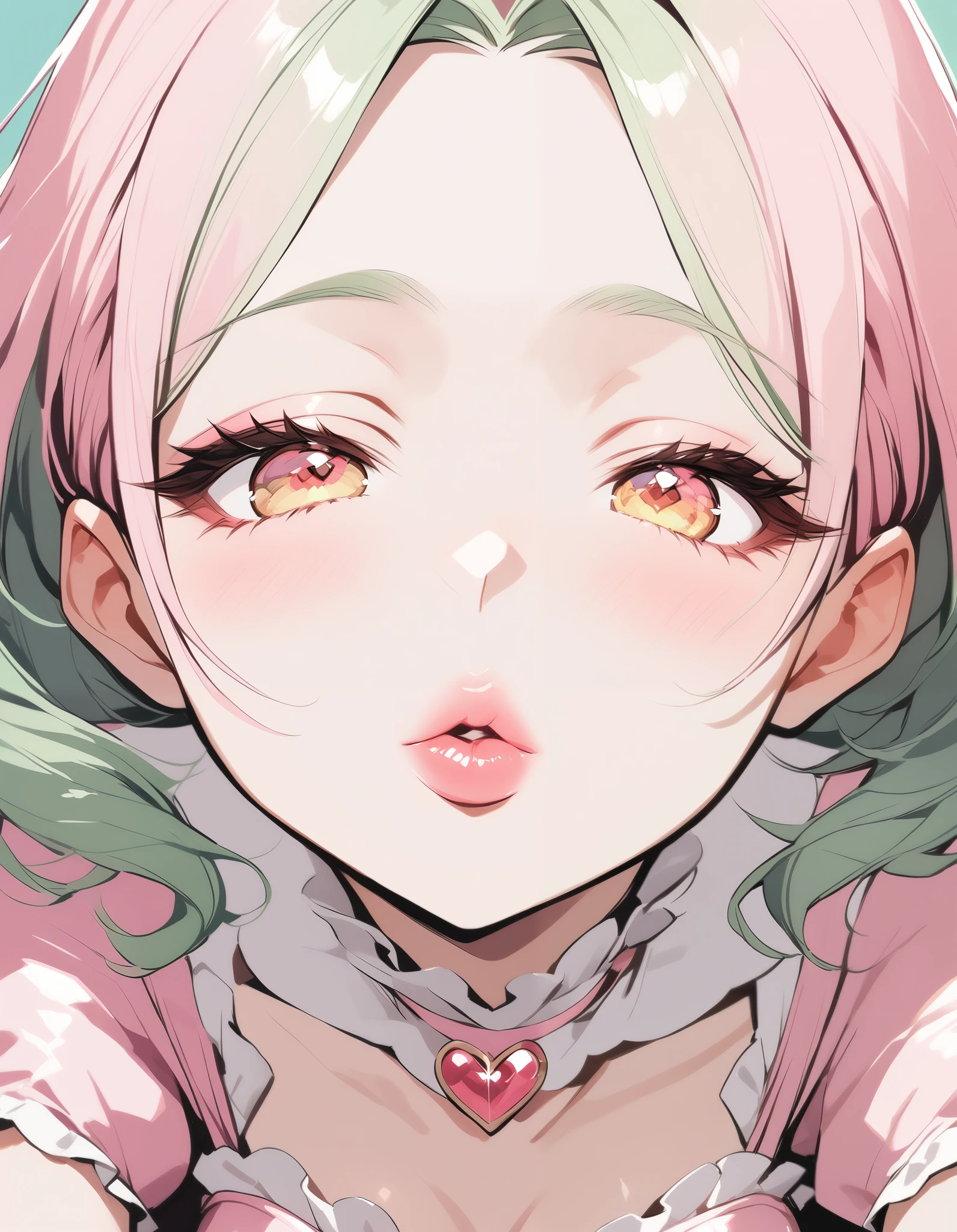 Woman wears a cute frilly dress made of pink latex, wavy green hair that falls down to her chin, bright golden eyes, and sparkling glossy pink lips. Puckered lips incoming kiss