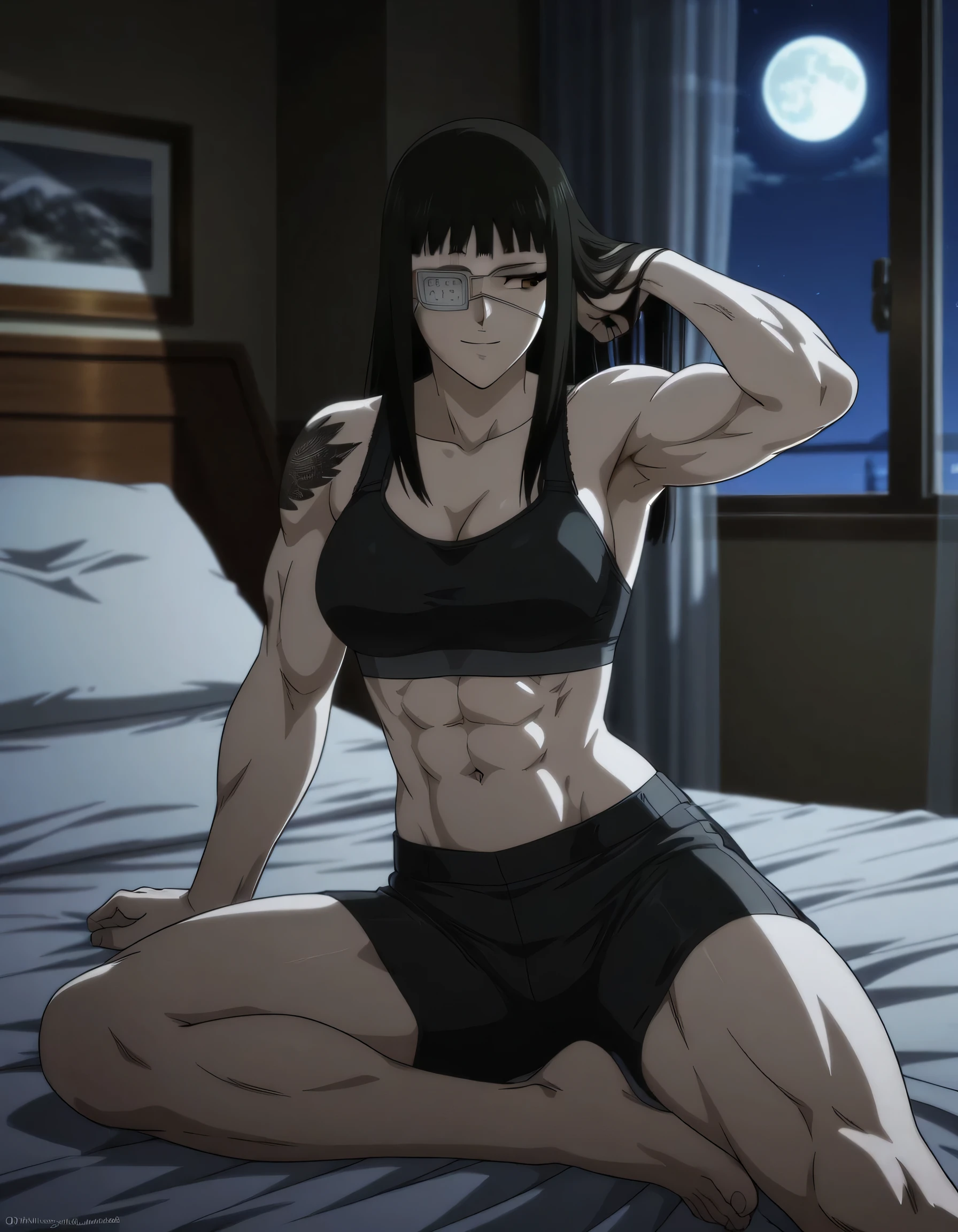 1girl,solo,mm,mature female,black hair,eyepatch,brown eyes,medium breasts,anime coloring,long hair,
muscular,black tight sport bra and black tight sport Elastic shorts,cowboy shot, , ,bedroom, tattoo,
,masterpiece,best quality,amazing quality,,muscles and,muscles lines,muscles big size,pelvis muscles,strength muscles looking,dynamic air,Valmet handsome face,Shining abs and shoulders,eight-pack,iron muscles,Bulge between legs indicates non erect penis in shorts,Barefoot, sporting attractiveness sexual attractiveness,sitting ,choza sitting ,sexual muscles,light smile,leg laying,hand in own leg,in night,looking at side,light moon,tall shorts,hand in own hair,armpit appear