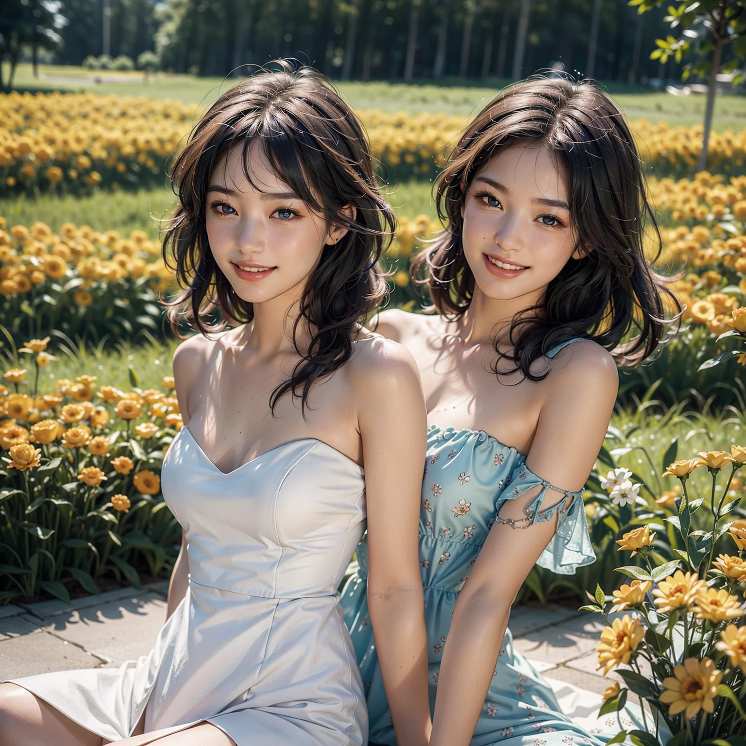 Araffe Japanese model, hyperrealistic,(2girls:1.4,leering:1.2), drinking water in a glass with lots of ice next to yellow ducklings in a meadow,see-through costume,embroidery pattern,