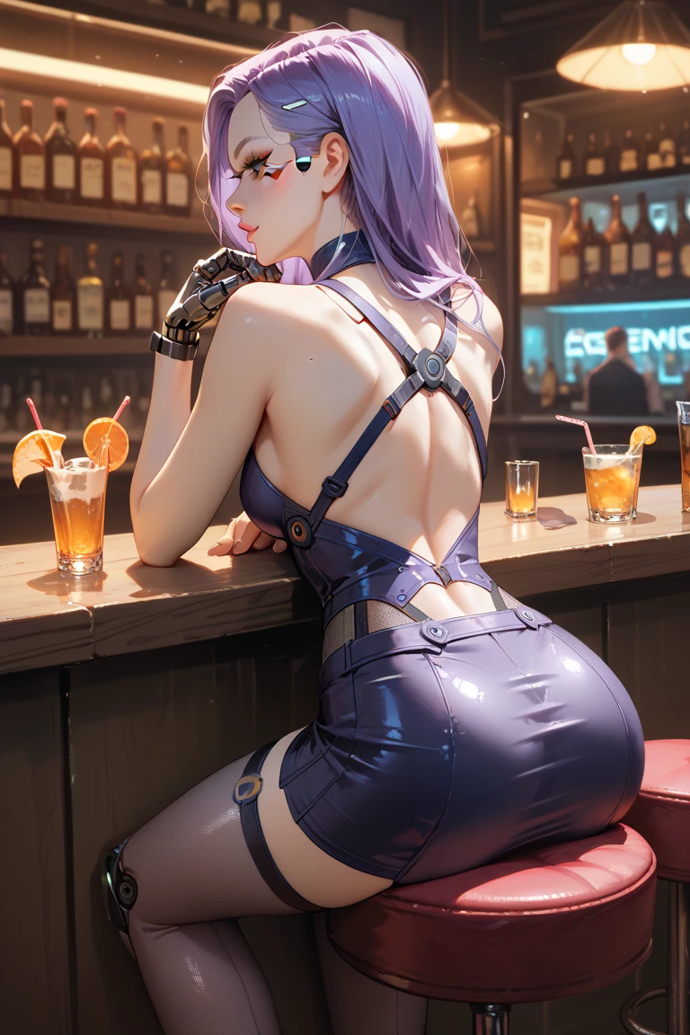 one girl doing pole dance in a bar, Black Skirt, Black Top, Gothic Style, Black Boots, Glasses, Cat Ears, Black Stockings, Dark and Purple Hair , Eyes Shadows ++ , Darker Lips + , Gothic make-up, (Best quality:1.1), (Masterpiece:1.4), 1fille, (cheveux volumineux)+ , cheveux longs , (Yeux Bleux) , gros seins , (Large, dark lips)+ , peau brillante, Sexy Pose, Provocative poses, Back View, Vue sur son cul,