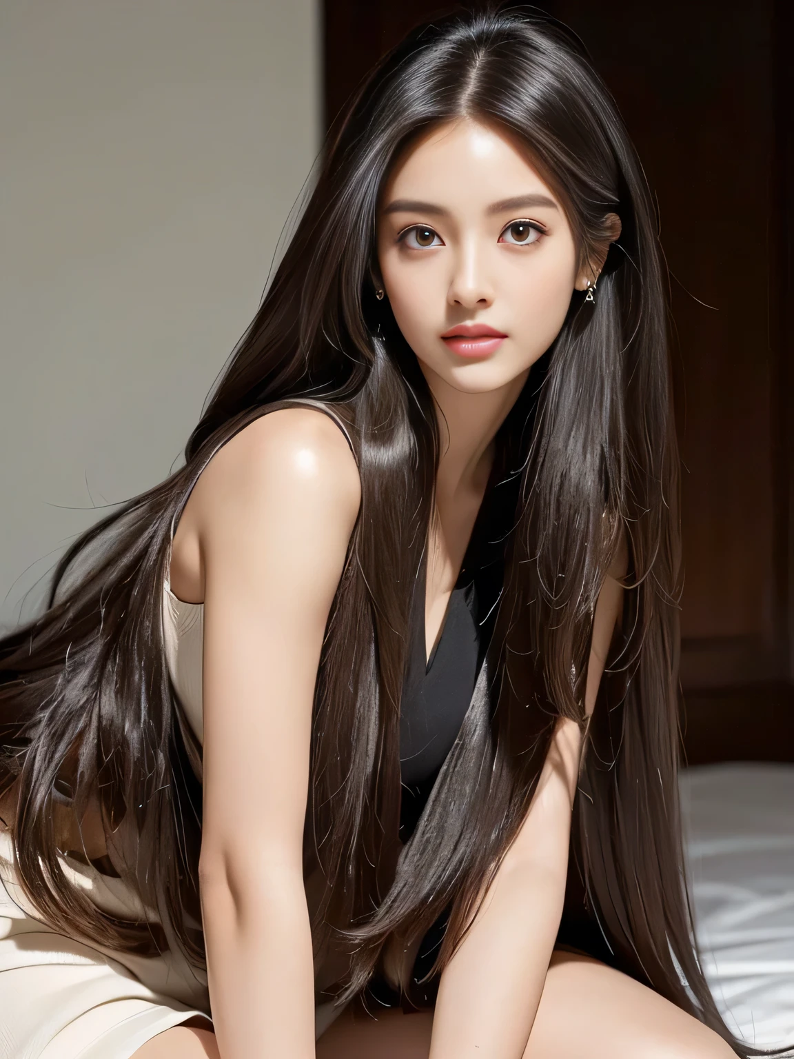 Araffe asian woman with long black hair sitting on a bed - SeaArt AI