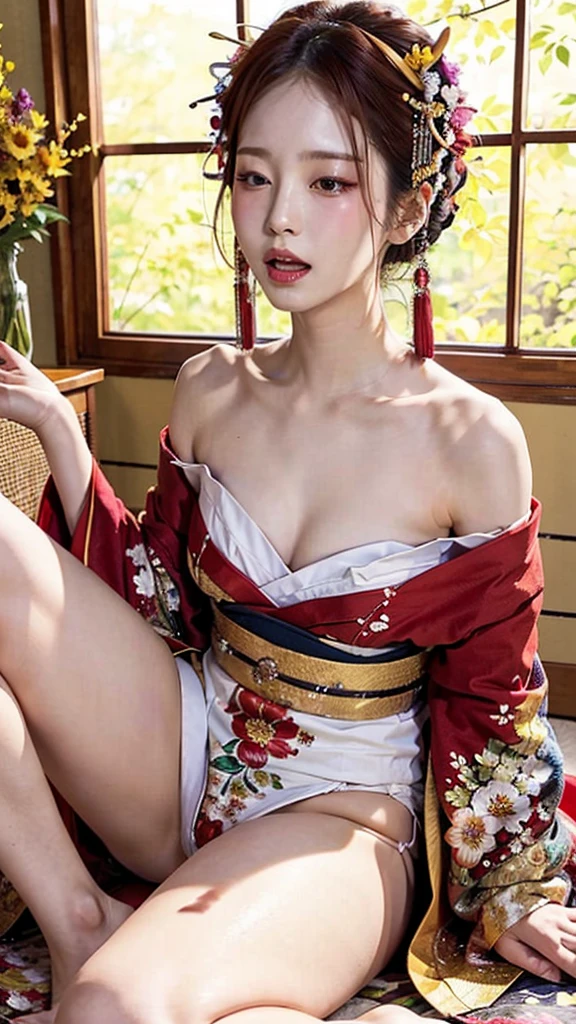 Top quality, Masterpiece, Super high resolution, (Realistic:1.5), RAW photo, 1 woman, off the shoulder, Japanese oiran, fancy kimono, décolletage,