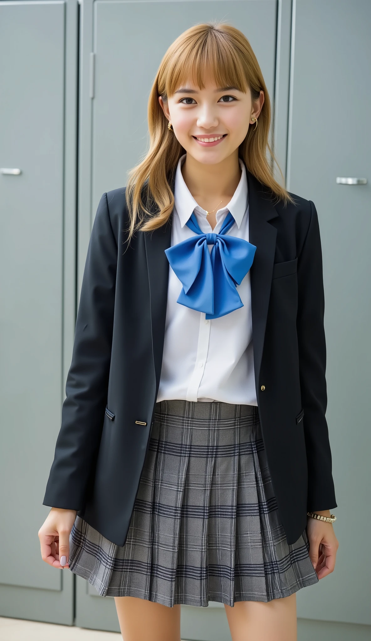 (Highest quality, 4K, High resolution, masterpiece, Genuine, Realistic, Realistic:1.3), (upper body), Girl standing in a school changingroom and touching skirt, blue bow tie uniform, Dark Blown Blazer, blown plaid skirt, Ear piercing, Gal Makeup, wearing white collared shirts, ((Blonde hair, mushroom-hair:0.4)), Gold Necklace, Gold Bracelets, grin, Gold chain19-year-old, bangs,A small smile,Thighs, knees, From below, having pinching skirt:0.7, open legs:0.8,