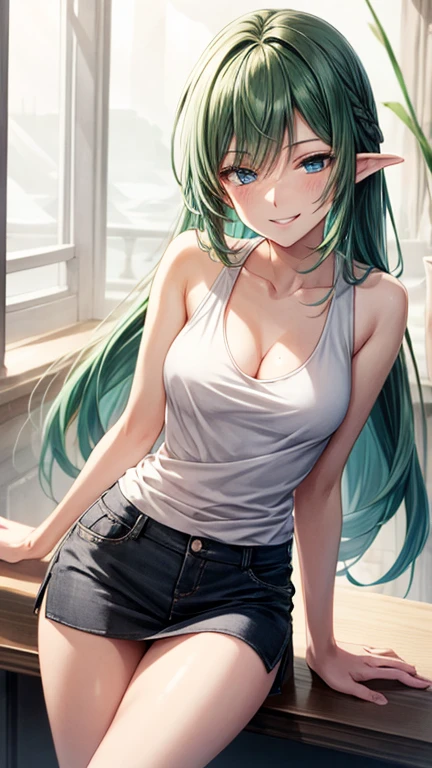 (masterpiece, best quality, detailed) ,1girl, highelfarcher, high elf archer, elf, (green eyes:1.5), (green hair:1.2), hair between eyes, long hair, pointy ears, sidelocks, jeans walking down the street,cute anime girl, pretty anime girl, smooth anime cg art, beautiful anime girl, attractive anime girl, ecchi anime style, seductive anime girl.teasing smile, clean detailed anime art,high resolution, (perfect hands, perfect anatomy),