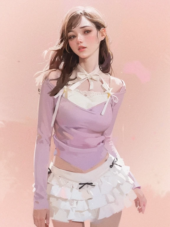 masutepiece, Best Quality, Realistic, Real, credibly_absurderes, Colorful, Stars, Intense shading, girl, Long hair, Brown hair, Wavy Hair, view the viewer, Laughing, eye bags, Purple eyeshadow, Small breasts, Shirt, Ribbed sweater, Black Sports Bra , Miniskirt, Transparent underwear, white thighhig, earrings, Jewelry, half gloves , neck bowtie, Bracelet, Nipple Tweaking_Thigh High,