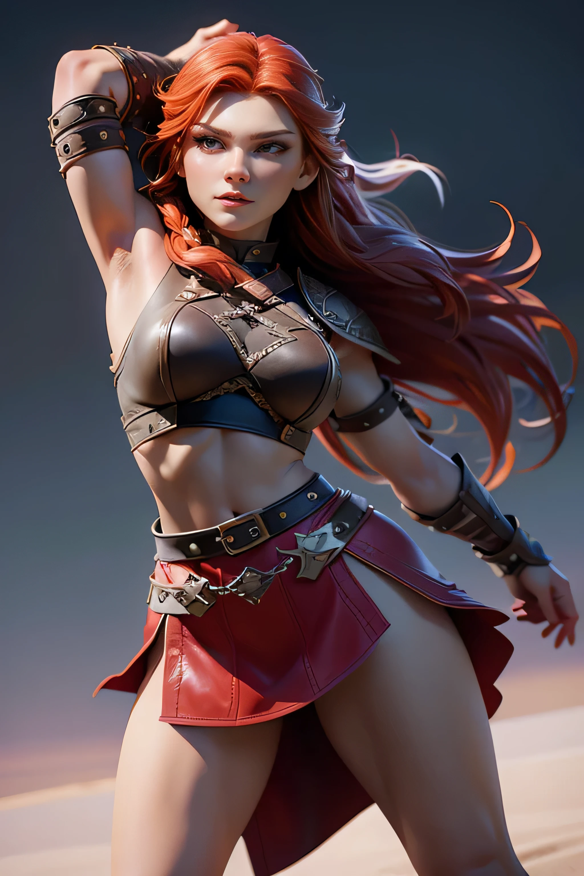 Young Viking woman , warrior, long red hair tied in a single braid , fierce expression, combat posture , amazonian body , woman wears leather armor with leather linings and Celtic and Nordic knots, fur skirt, top quality, masterpiece , super detail, lyrics, movie lighting, plain white background , without patterns, No textures.