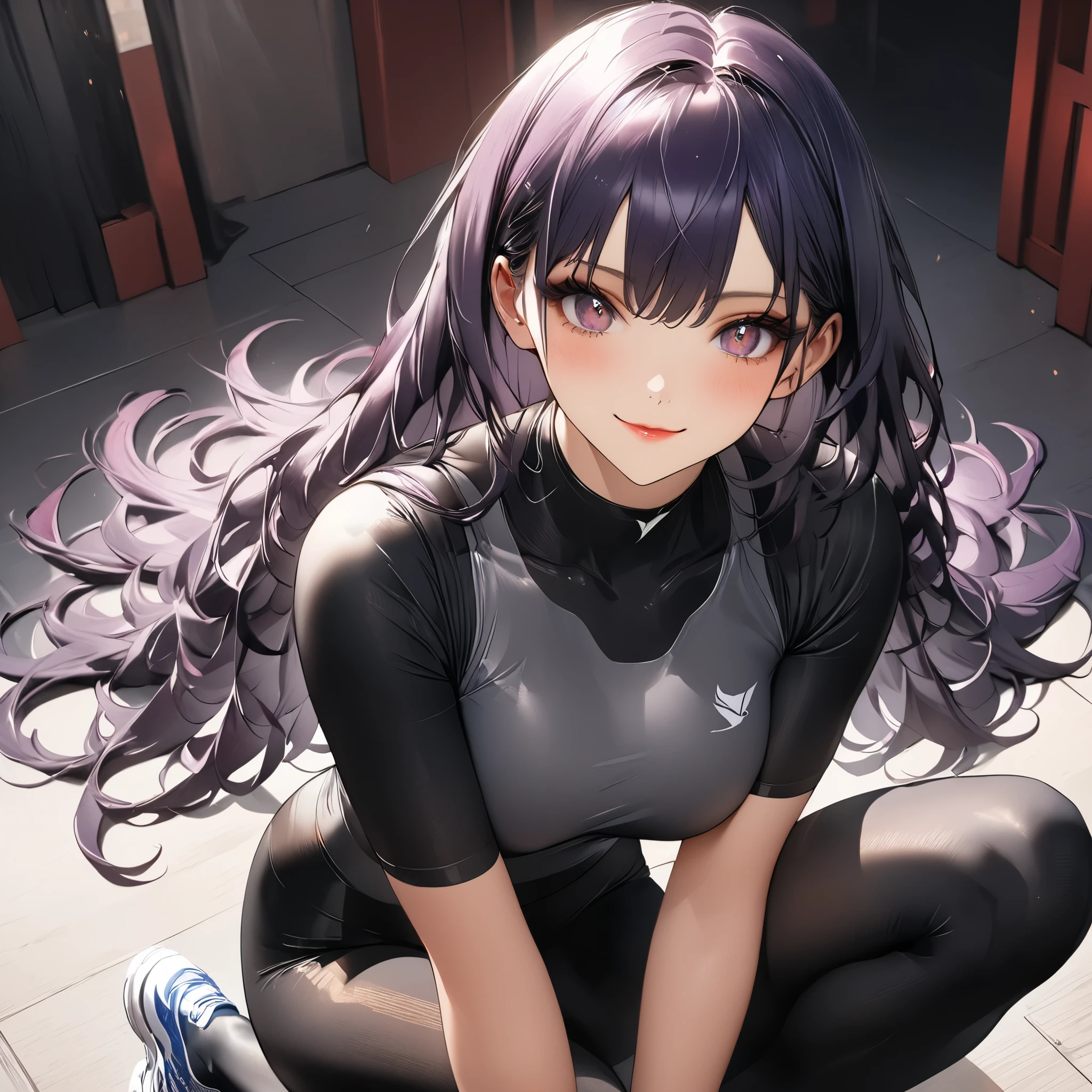 Masterpiece, 4K, HDR, full HD, (best quality), (ultra detailed), (only), intricate ANIME TYPE, best quality, 1girl , ((deep purple hair)) , hyper beautiful face, perfect anatomy, shiny skin, full body, alone, long hair, looking at viewer, perfect hands, perfect legs, super detailed clothes, intricate clothes, hyper detailed cloths, super detailed face, super detailed skin, super detailed quality, expressive eyes, brown eyes, super detailed eyes, JK, epngekatsuragimisato , SDXL illustration design beautiful girl two-dimensional beautiful girl digital painting comic Ukiyo-e watercolor cartoon others,ROUGH, smile, blushing, dynamic pose, American shot, cowboy shot, portrait quality, super detailed hands, super detailed fingers, very beautiful fingers, very beautiful hands, 8k,masterpiece, CGSTATION, hyper CGI style, extremely detailed art by artgerm , photorealistic chica anime render , A 4K anime drawing style, best quality, 3D rendering, INTRICATE, Cute Girl, hyper detailed, medium bust, 27 years old, a woman, Sensual smile, red lips, super detailed skin, She is wearing tight black thermal leggings, she is wearing a tight red sports shirt, white running shoes, she is sitting, with one knee resting on her chest,