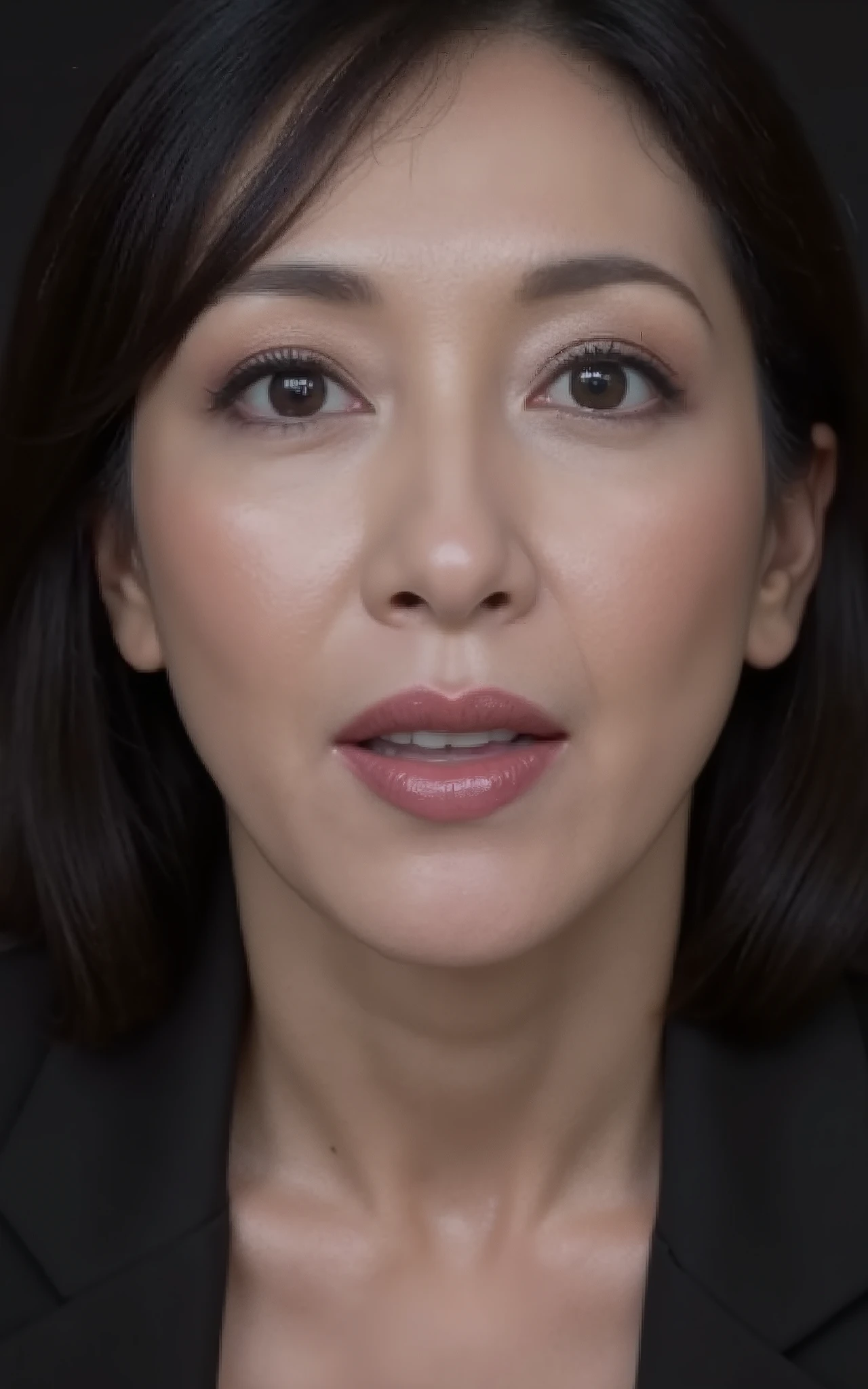 (Highest quality, Tabletop, 8k, Best image quality), great beauty, strapless bra, ((open mouth)), (The simplest pure black background:1.5), (Face close-up:1.6), Accentuate your body lines, Beautiful and exquisite, seductive Expression, (look straight at me), (stand upright facing forward:1.1), (Perfect Makeup:1.1), (Bright lipstick:1.1), Ultra-high definition beauty face, Ultra HD Hair, Ultra HD Shining Eyes, Ultra-high quality, vibrant and glossy lip color, Accurate anatomy, Very beautiful skin, Ultra high resolution and beautiful, Glowing Skin, An elegant upright posture when viewed from the front, Sweaty skin, Hot face, Damp Hair, Moist Skin