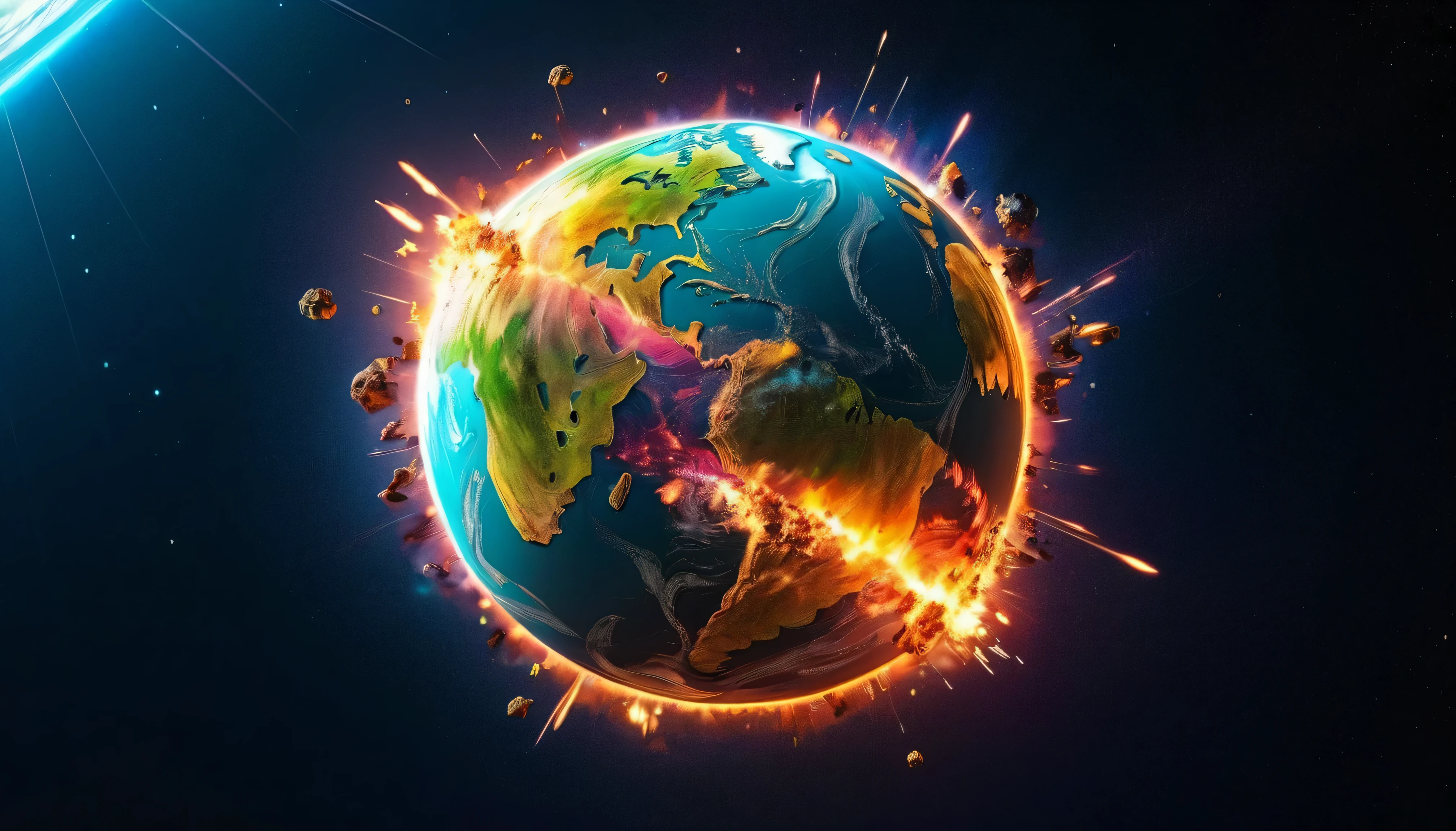 Exploding planet , Very Detailed, 8K quality, and thousands of pieces of different colors scattered after the explosion, The light track of the fixed image ,