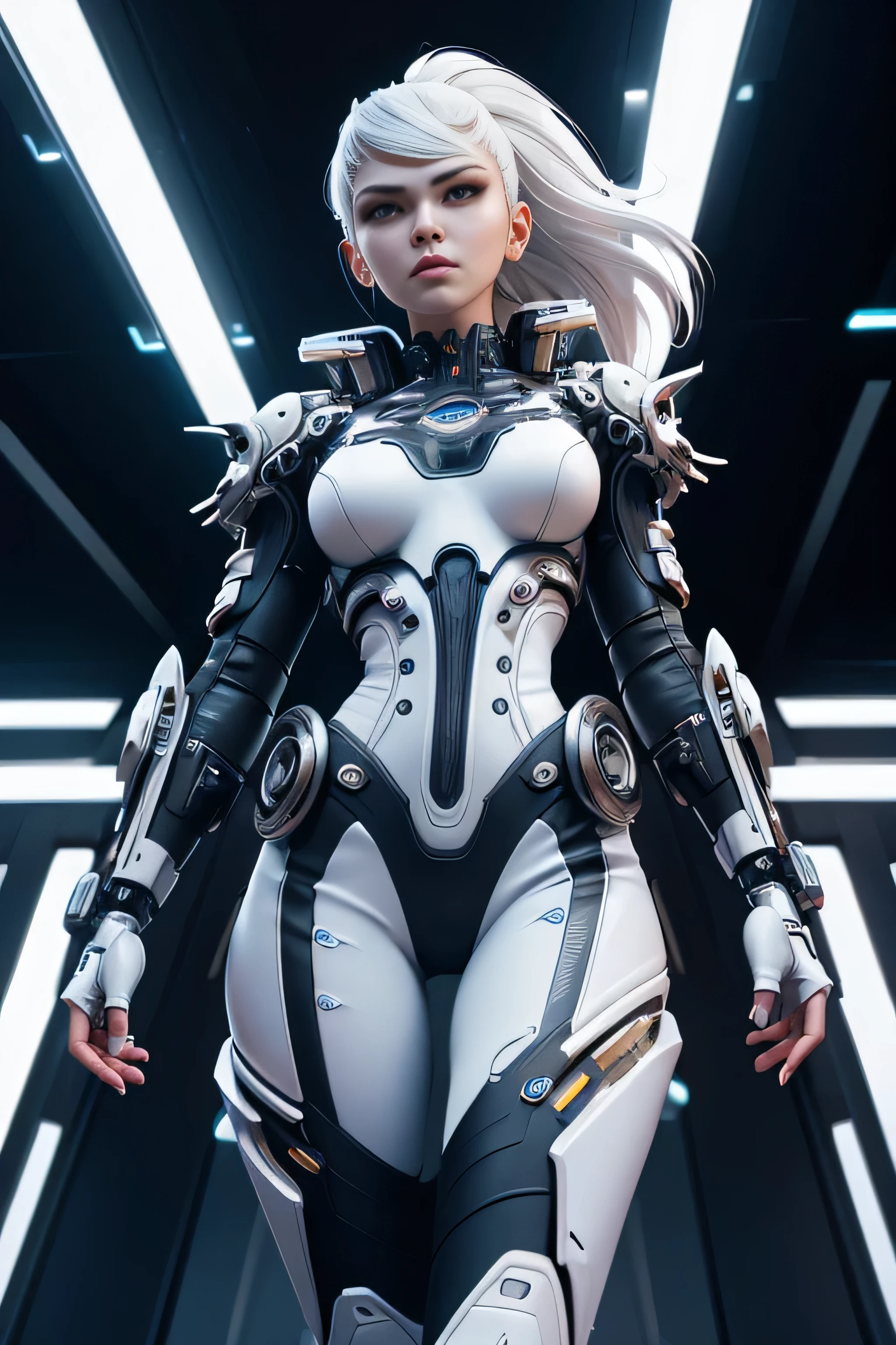 Realistic, photorealistic, cute sexy woman, full body shot, detailed perfect eyes, bottom view, looking to camera, (tight-fitting white elastic sci-fi costume), unzipped, spot light, deep shadows, luminism, 4k resolution, realistic cyberpunk, fractal isometrics details bioluminescence, a stunning realistic photography, intricately detailed, cinematic, dinamic pose, in movement, awesome full color, dark atmosphere, blurred cyberpunk background, analog photo style, depth of field