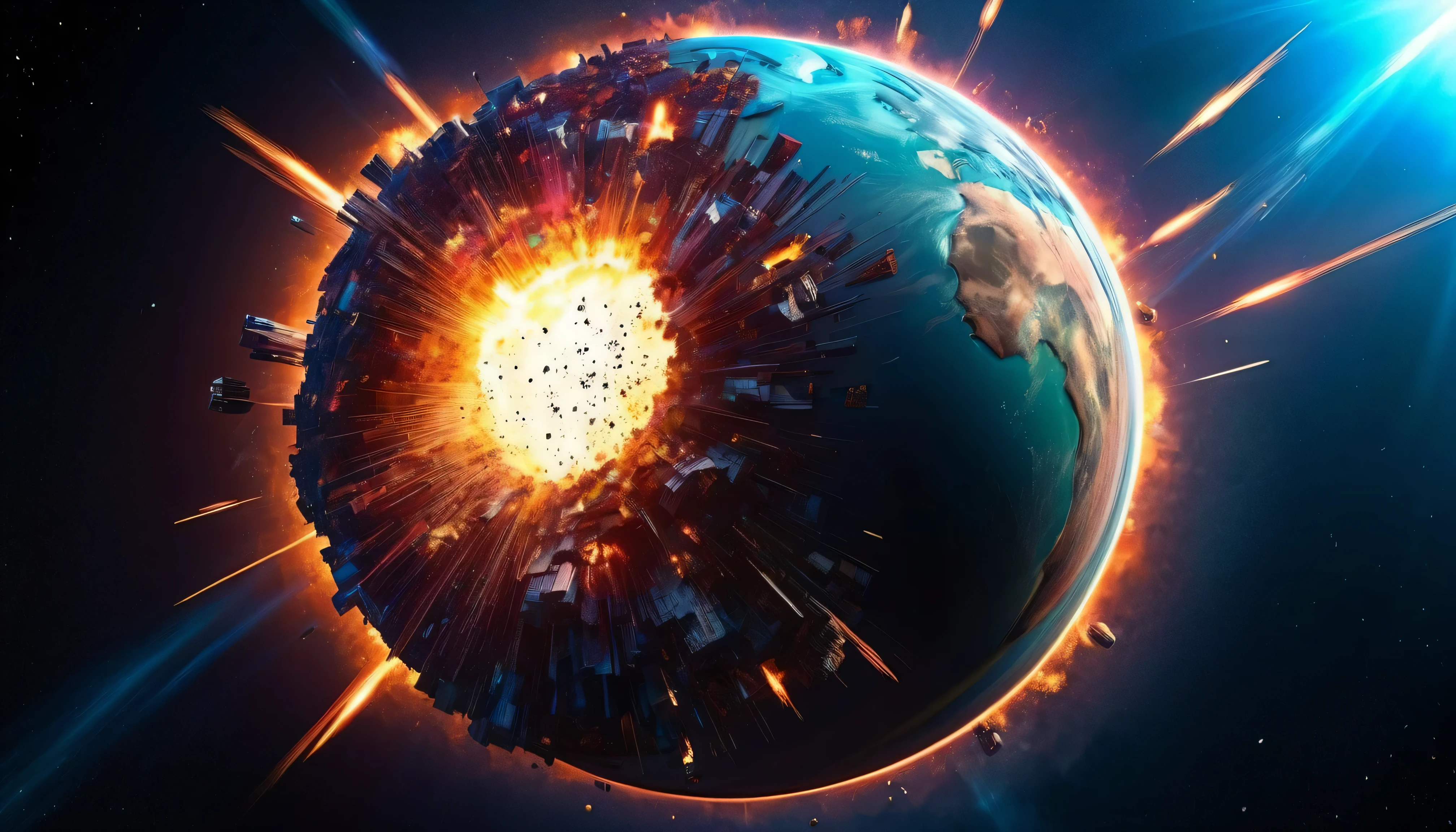 Exploding planet , Very Detailed, 8K quality, and thousands of pieces of different colors scattered after the explosion, The light track of the fixed image ,