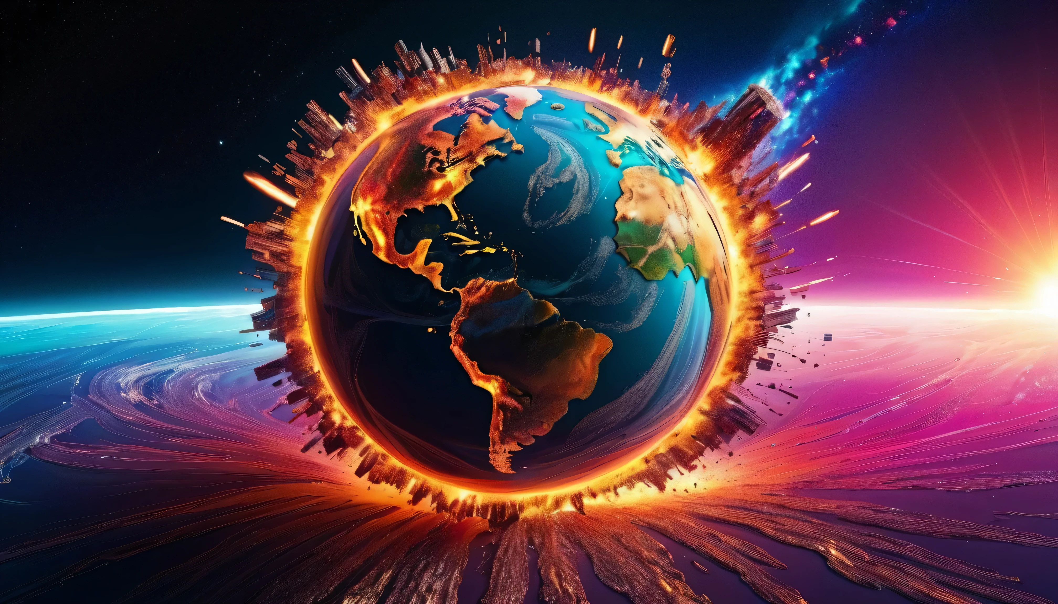 Exploding planet ,  Very Detailed, 8K quality,   and thousands of pieces of different colors scattered after the explosion, The light track of the fixed image ,