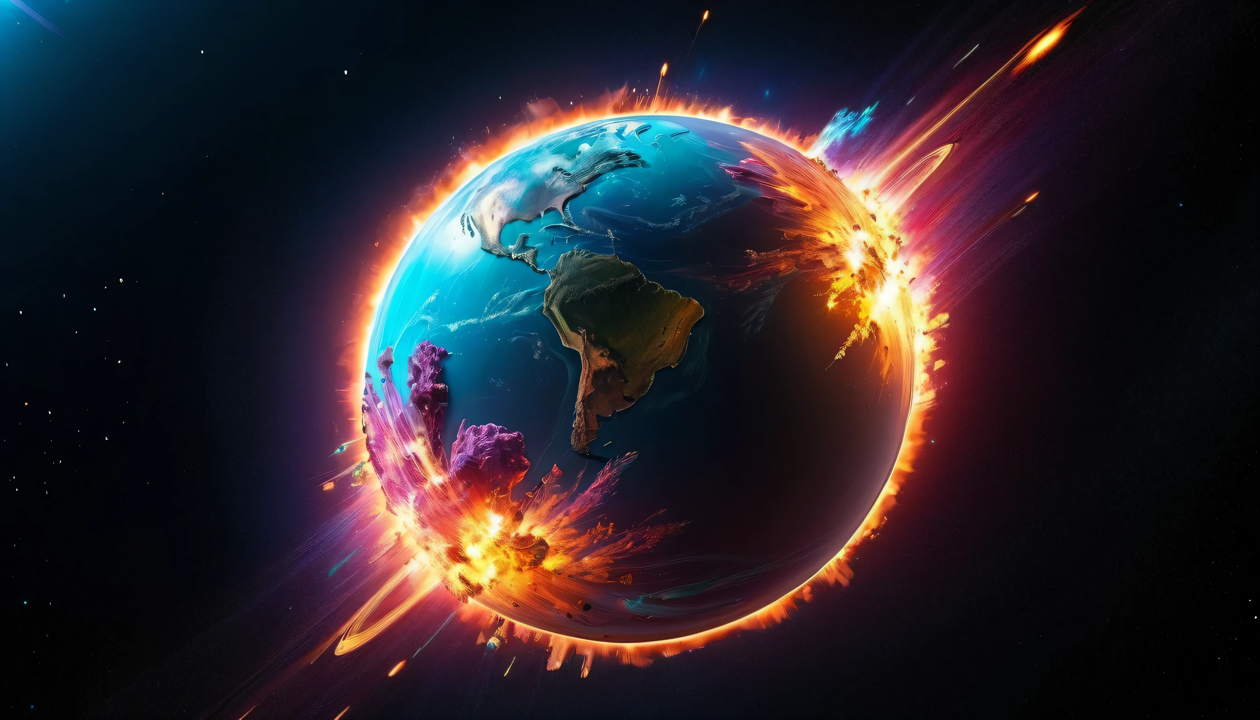 Exploding planet ,  Very Detailed, 8K quality,   and thousands of pieces of different colors scattered after the explosion, The light track of the fixed image ,
