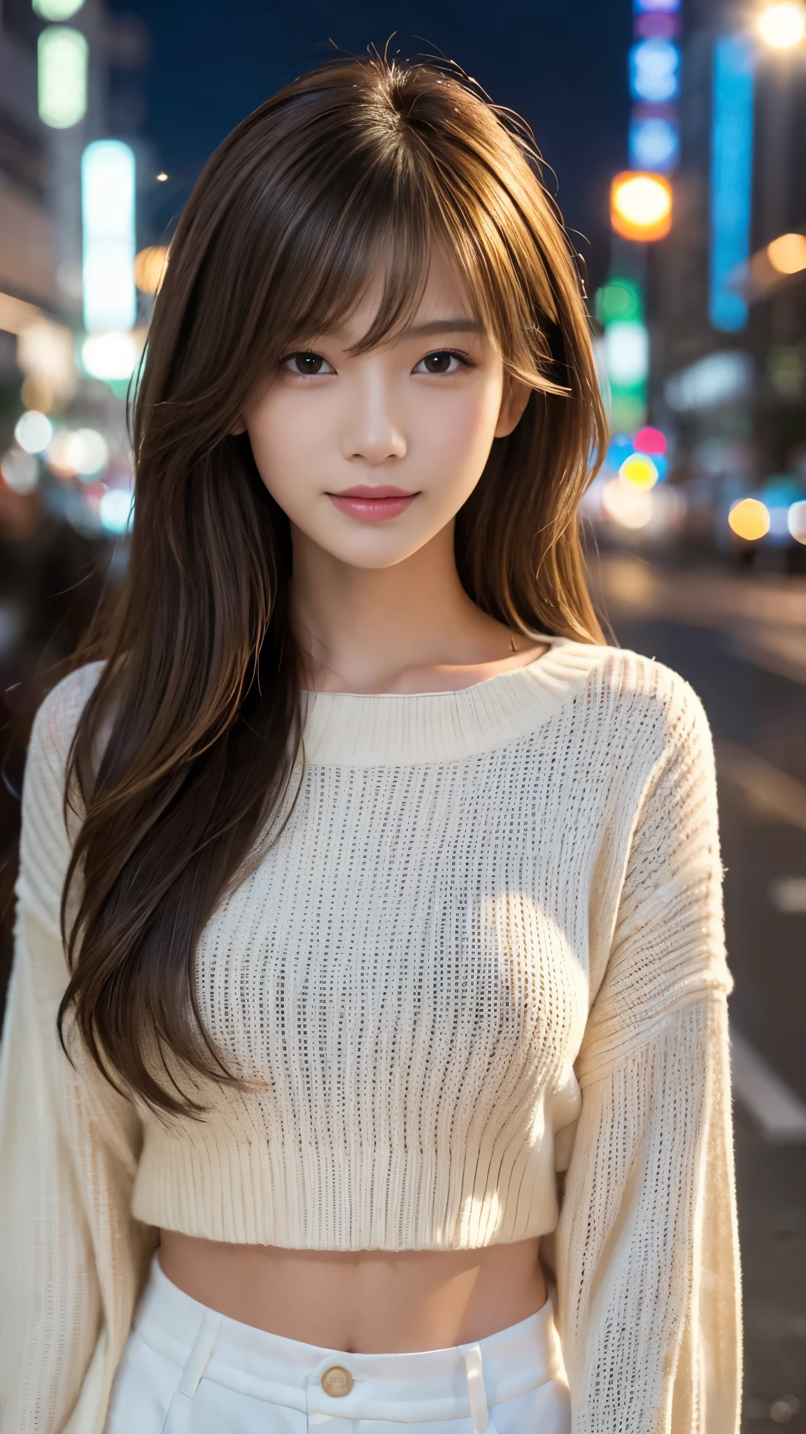 Masterpiece,  best quality ,  Ultra Details, Every detail was drawn in detail,  realistic, Sharp features,   very detailed on trends ,  sharp concentration,  realistic, Photo realistic:1.3,  PERFECT FACE IN DETAILS,   Crystal Heavenly Rainbow Light Effects  ,  Perfect Plump Lips ,  more details, hyper  realistic,  high resolution,  fashion model,  charming Japanese idol , (Age 19:1.3), slender,  stylish, model poses,  beautiful faces,  light brown hair ,  messy hair,  Asymmetrical Bang , ( bewitching smile:1.2), ( stares at viewers),   cinematic lighting  ,  in the city at night, White knit