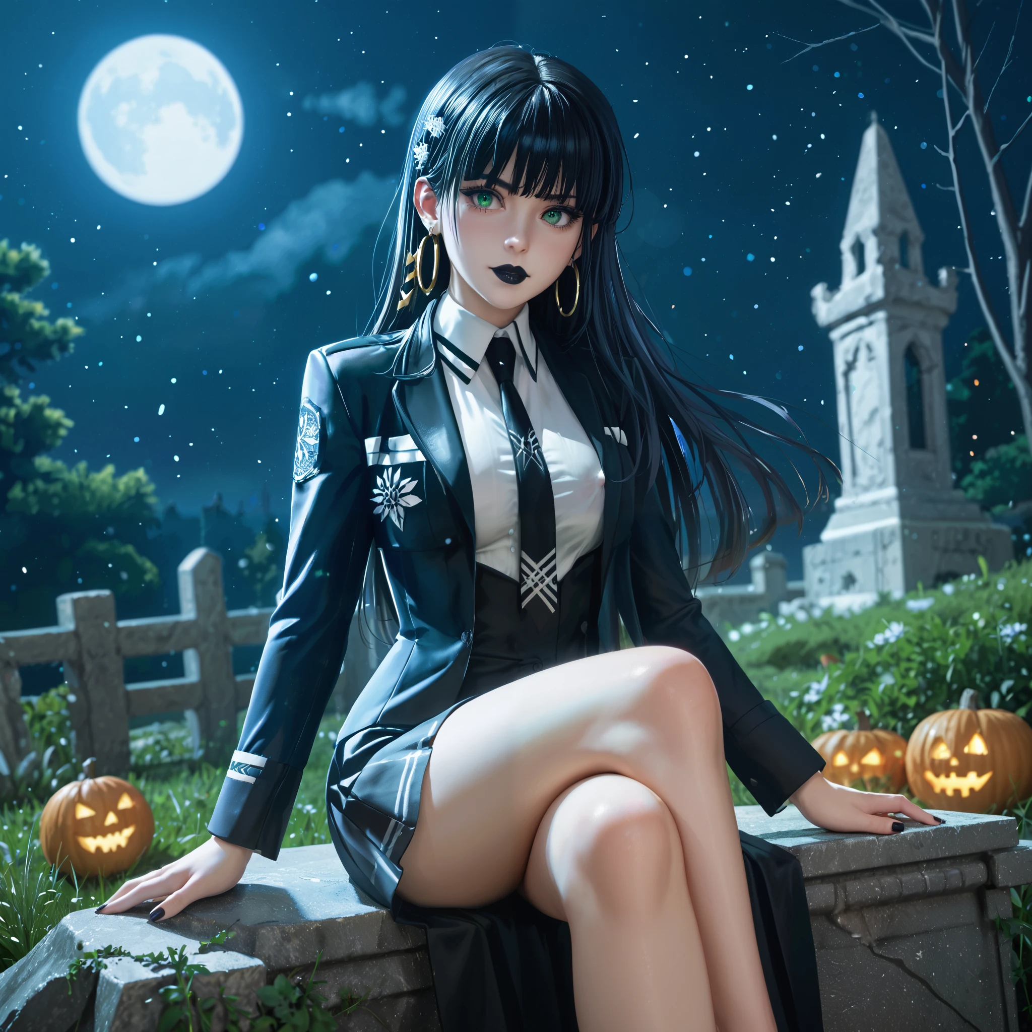 (( high quality, 8k,  masterpiece :1.3)), ( focus on the face:1.4), ager, female, (( Layered Haircut, bangs:1.2)),  front: 1.1,   Highly detailed face and skin texture,  straight hair,  hoop earrings ,  long black hair,  detailed green eyes,  double eyelid , Skin whitening, ((Black Lipstick)),  long hair with bangs, challenging face , (Erect nipples under the blouse:1.3),  white blouse, Open black suit,  pleated black skirt ,  crossed legs,  plain black tie , cemitério sinistro At night, At night,  dark graveyard for a test of courage,  sitting on a marble headstone , 